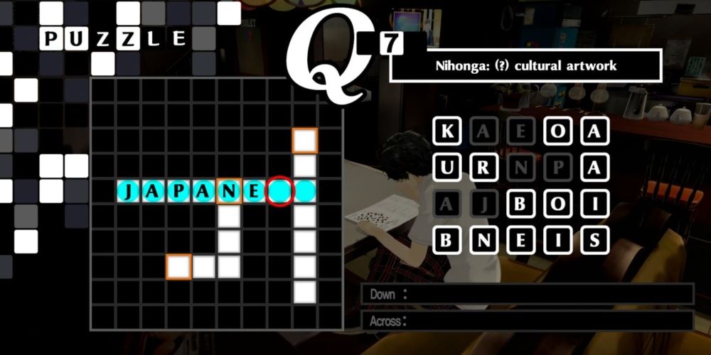 Joker doing a crossword puzzle in Leblanc in Persona 5 Royal