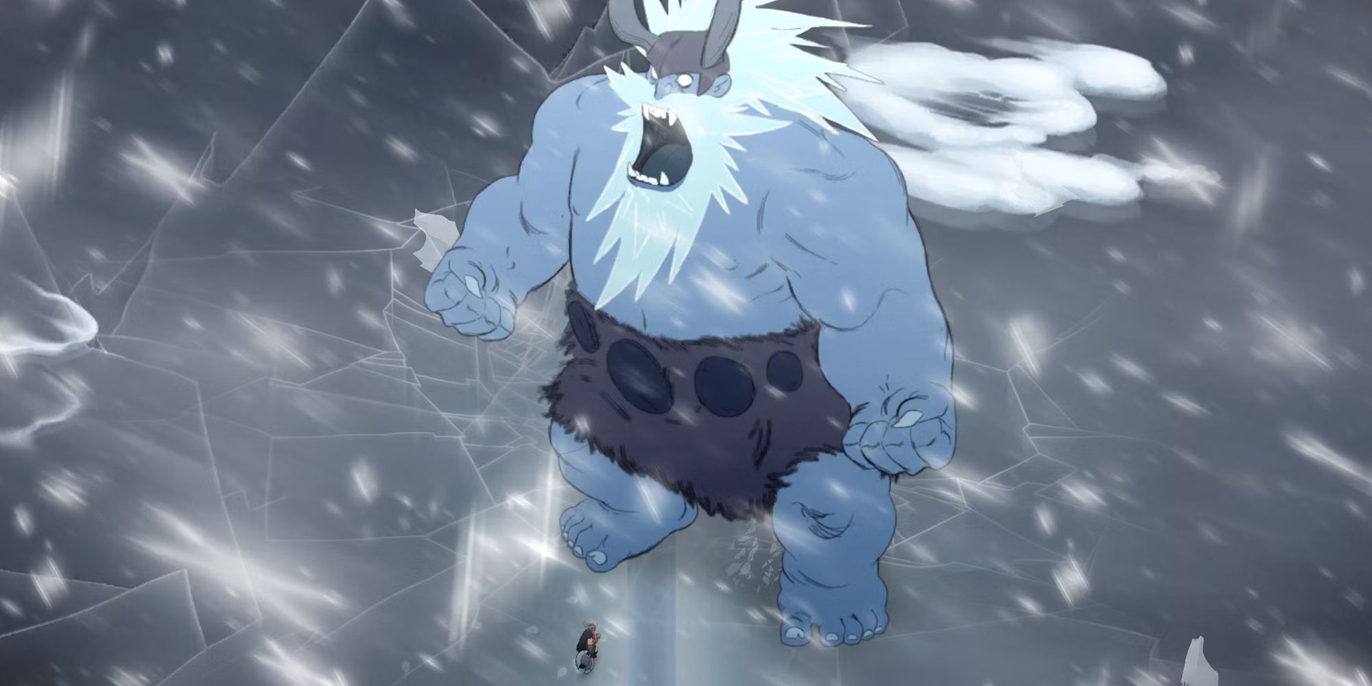 The blue giant Jotun roaring before the main character in a snowy environment.