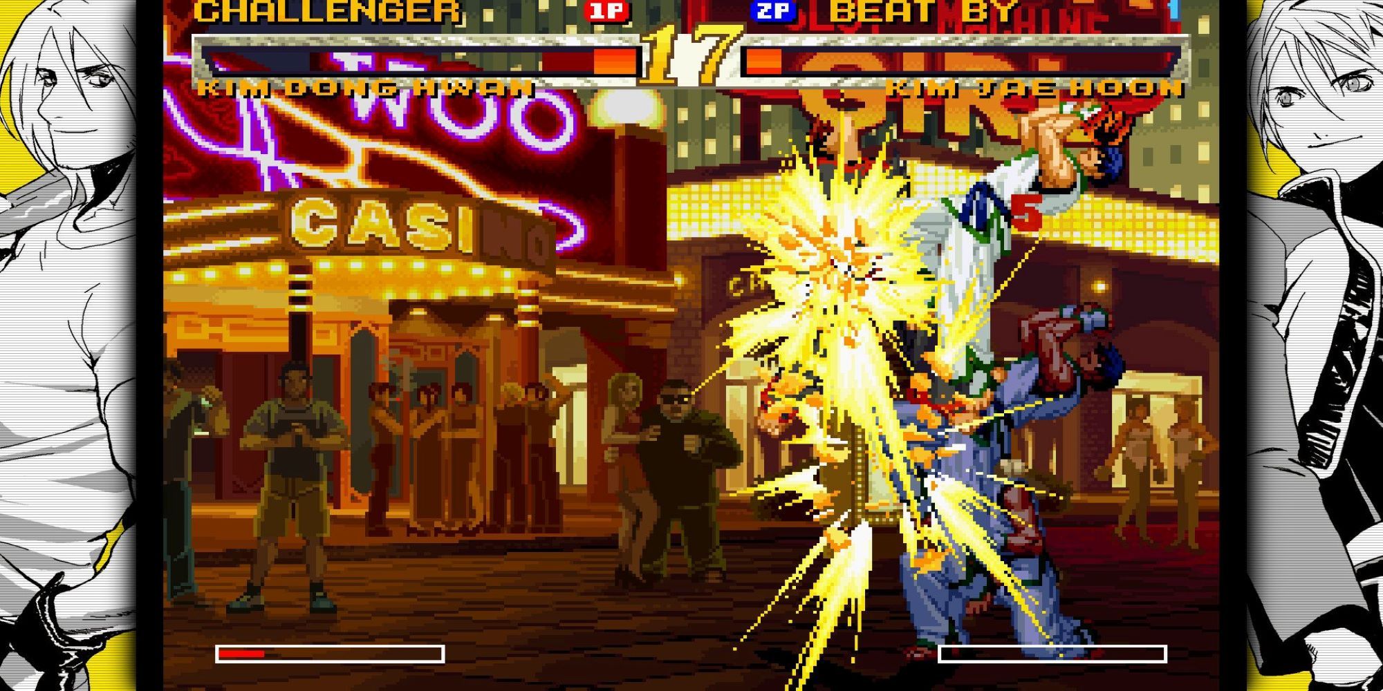 Kim Dong Hwan faces off against Kim Jae Hoon in front of a Casino in Garou: Mark Of The Wolves.