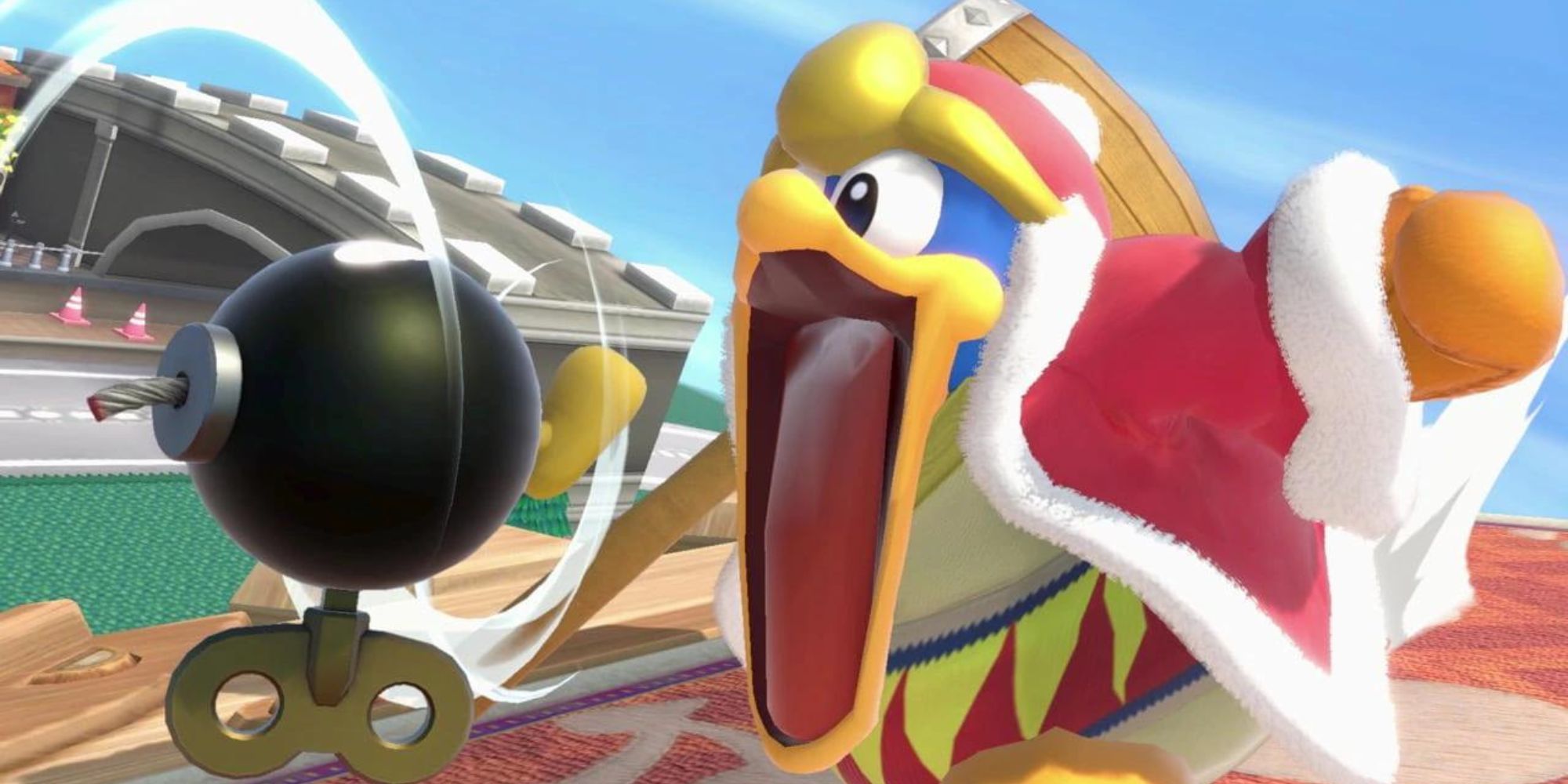 King Dedede inhales a bob-omb on the Mario Kart stage in Super Smash Bros.