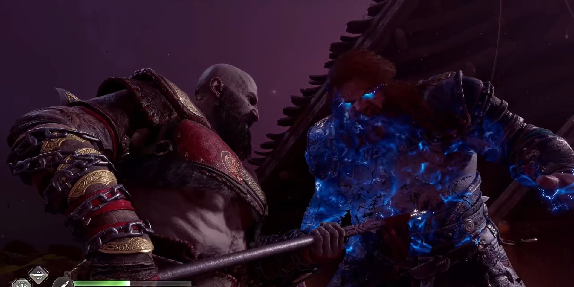 Kratos piercing Thor with the Draupnir Spear, in God of War Ragnarok