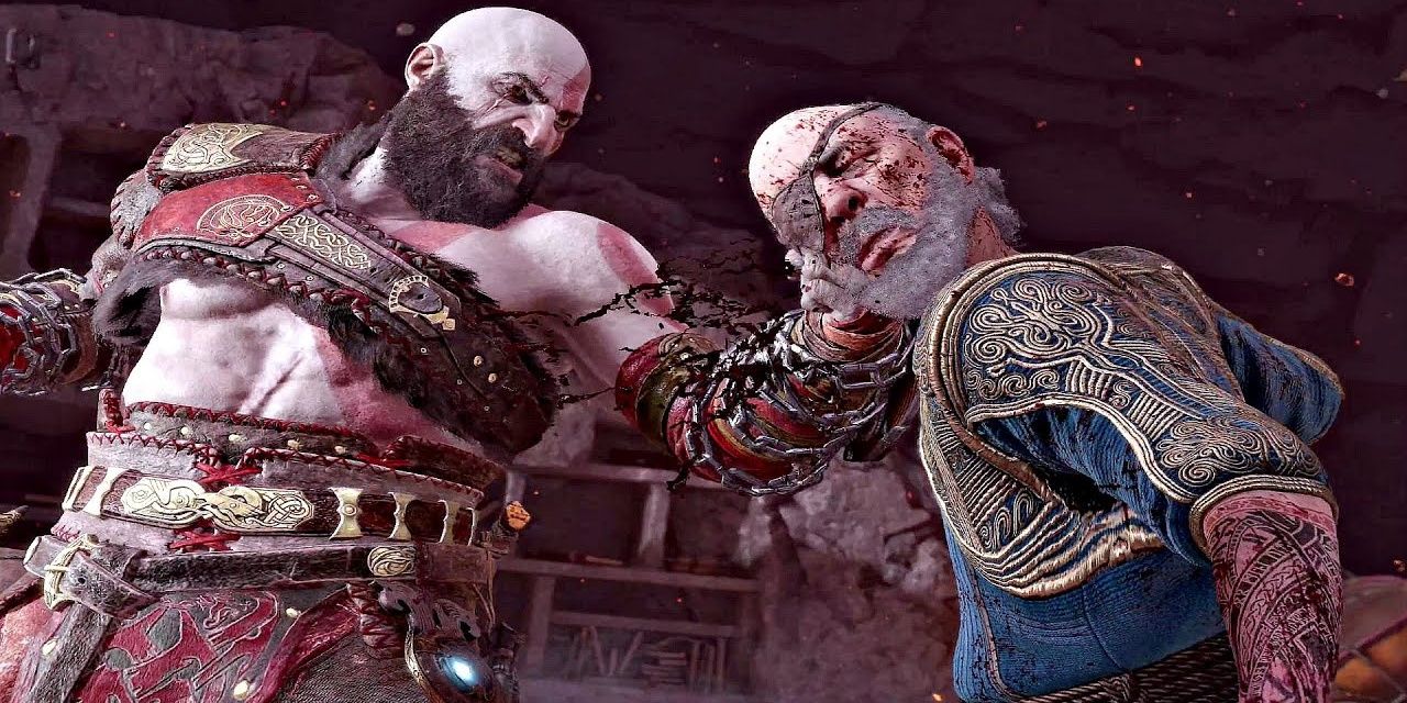 Kratos punching Odin in the face, in God of War Ragnarok