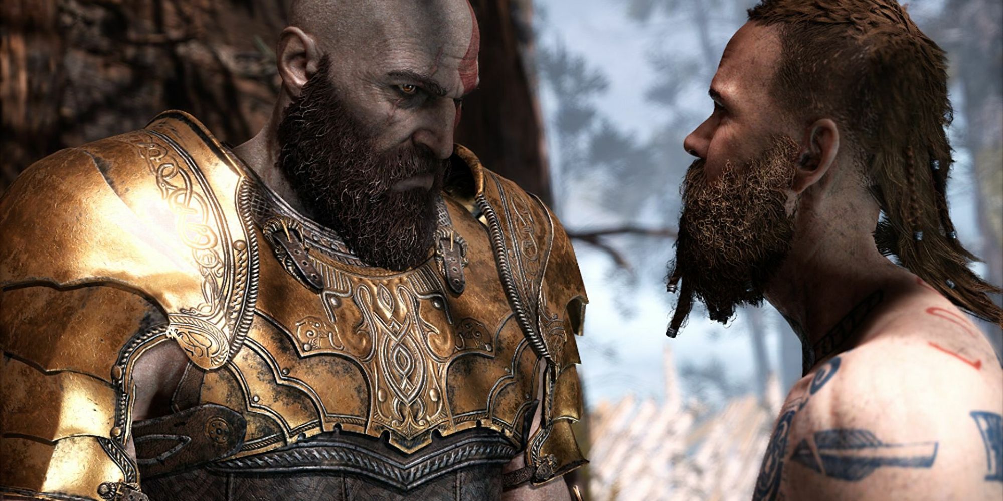 Kratos in Armor staring down Baldur