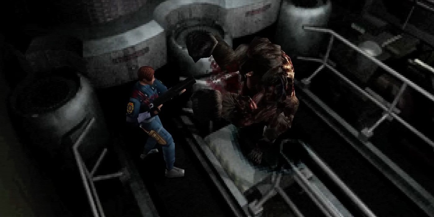 Leon fighting a gorilla type enemy unseen in the final game from an early version of Resident Evil 2.