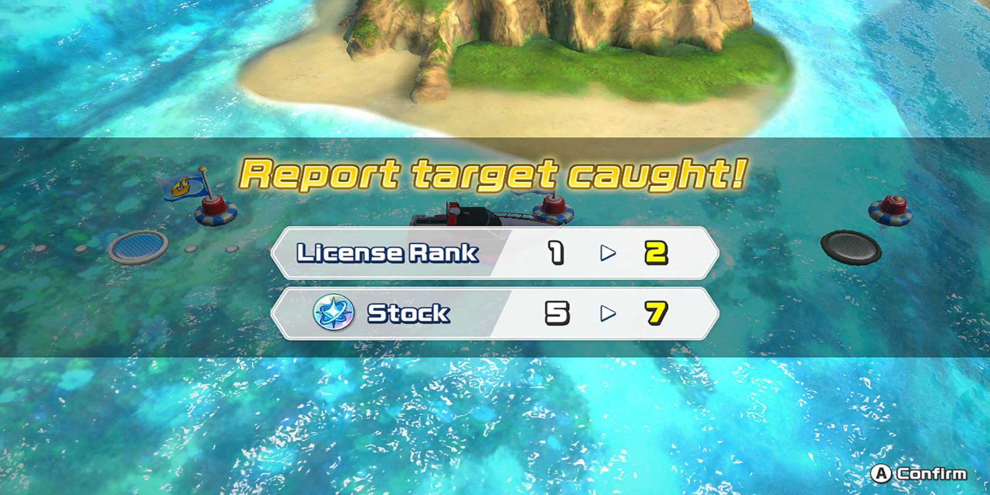 The player License Rank raises after a report target gets caught in Ace Angler: Fishing Spirits.