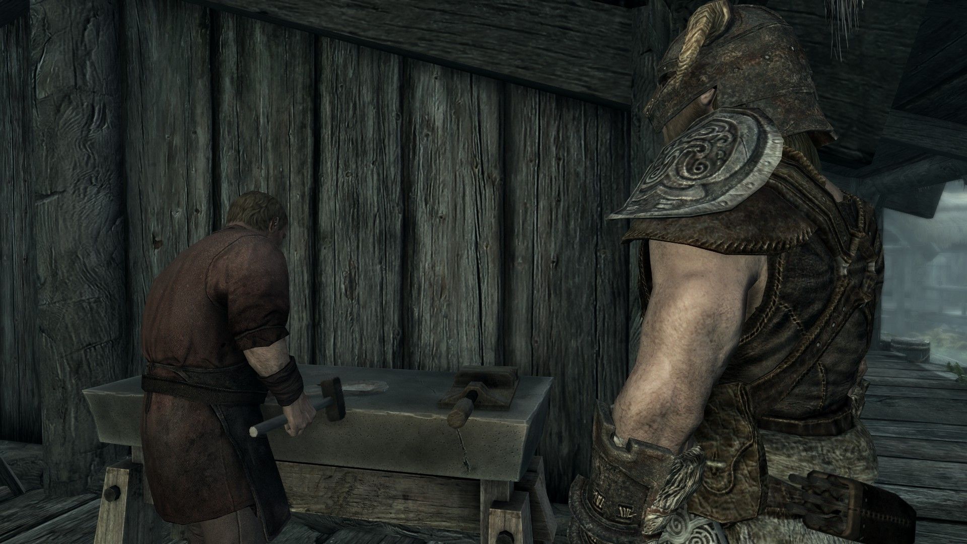 A blacksmith hammers of a piece of metal as an adventurer speaks to him.