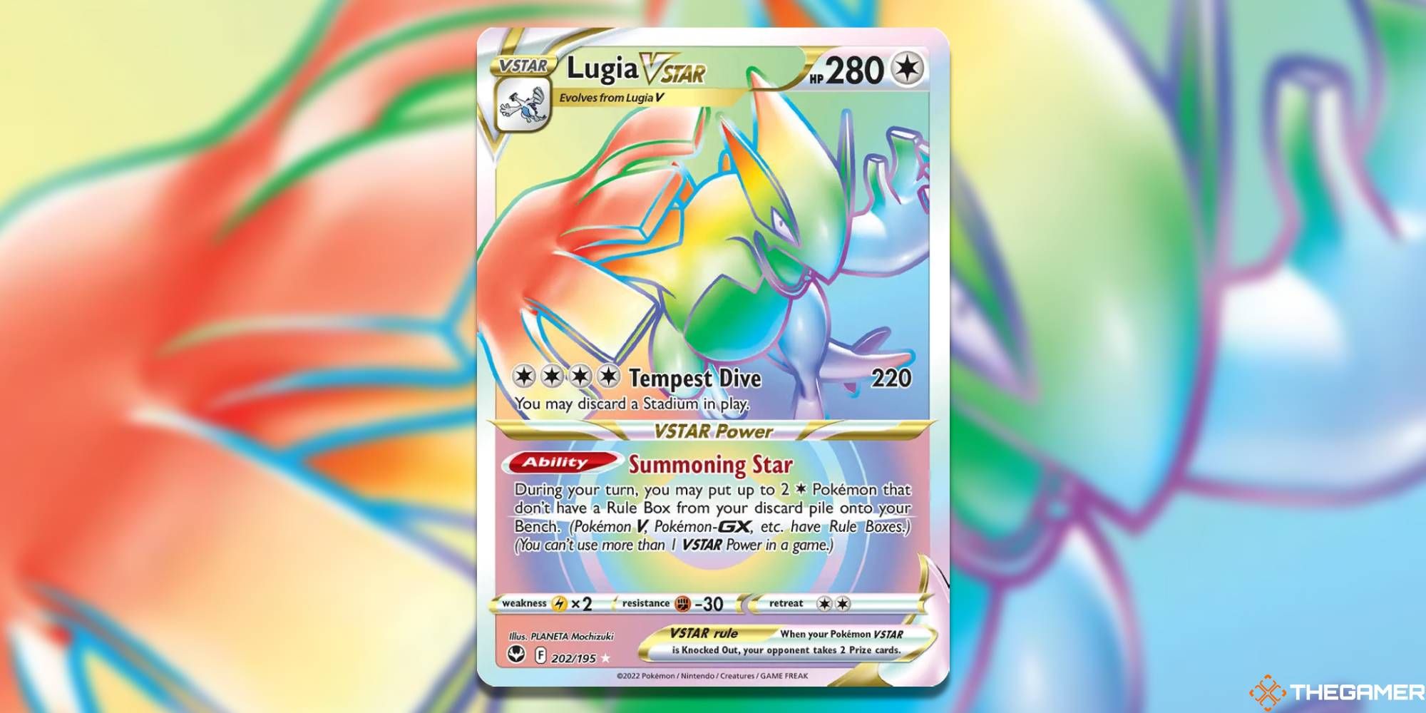 Lugia VStar Rainbow Rare from the Pokemon TCG, with blurred background