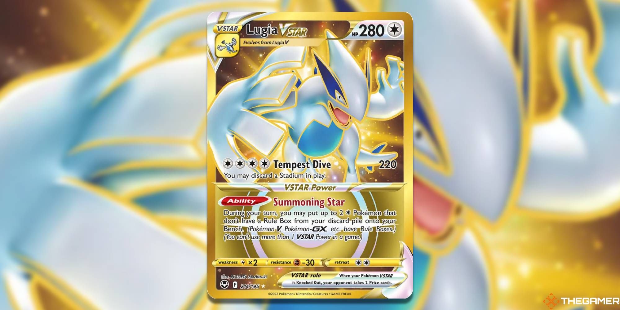 Lugia VStar Gold Rare from the Pokemon TCG, with blurred background