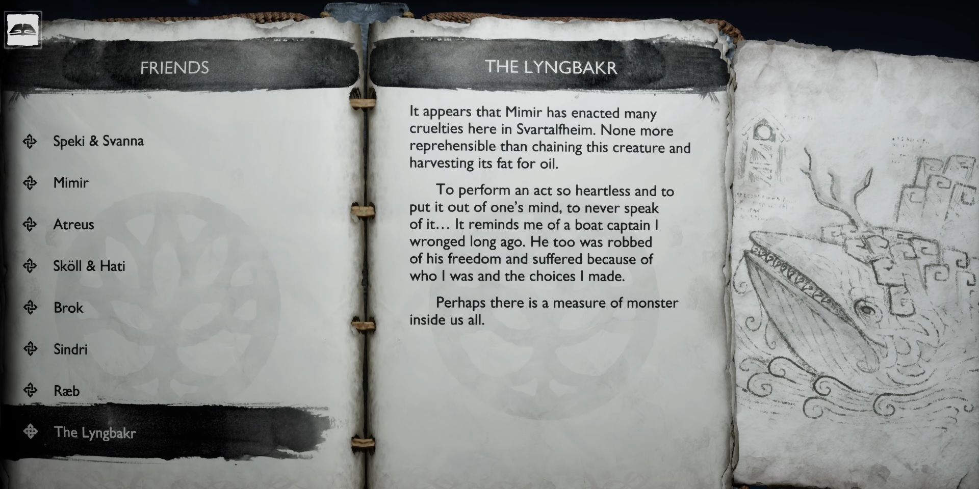 Lyngbakr notes on Kratos' codex, from God of War Ragnarok