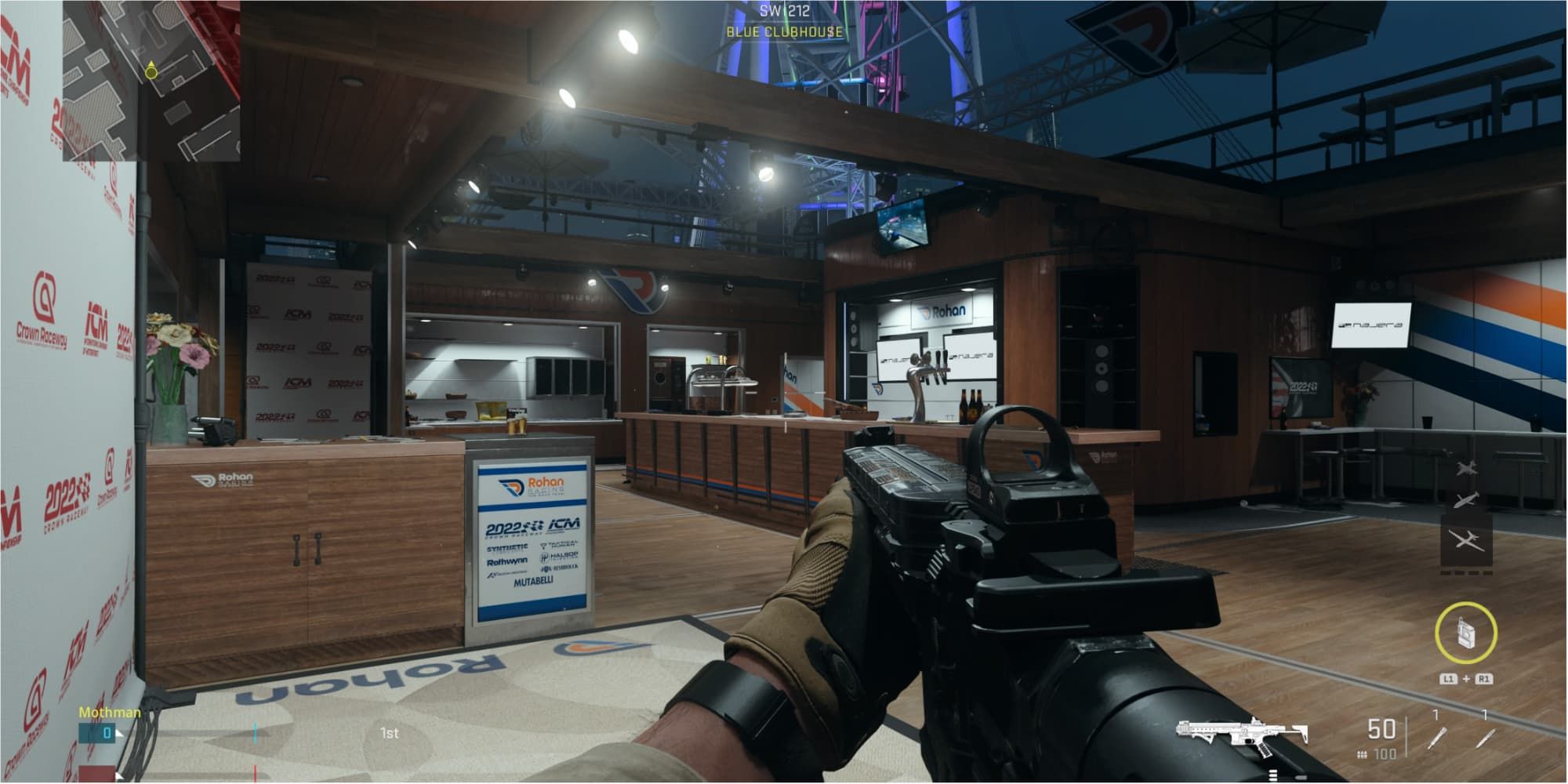 The Crown Raceway Blue Clubhouse location has a bar and other cabinets to give campers cover in Call of Duty: Modern Warfare 2