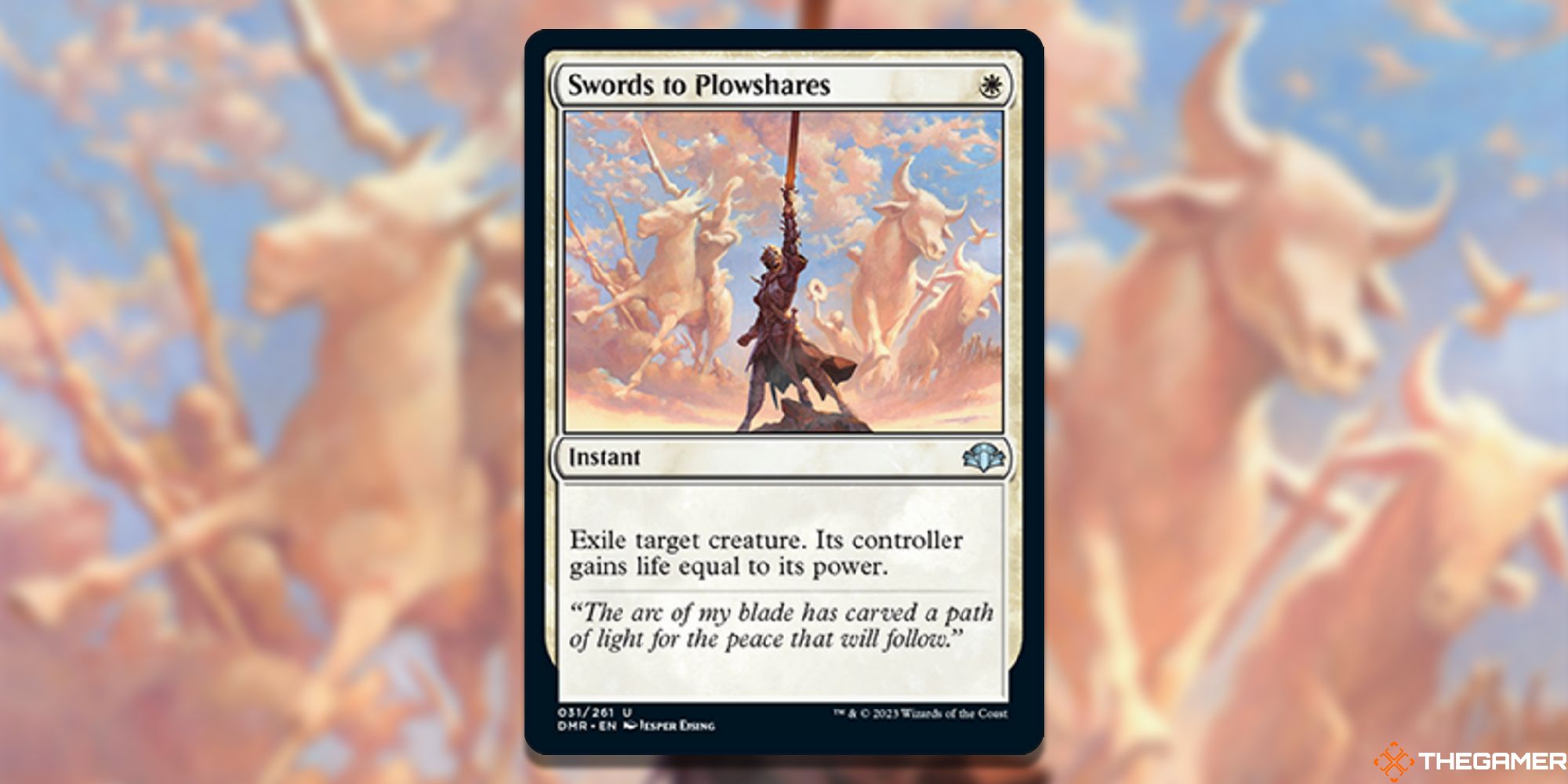 Image of the Swords to Plowshares card in Magic: The Gathering, with art by  Jesper Ejsing
