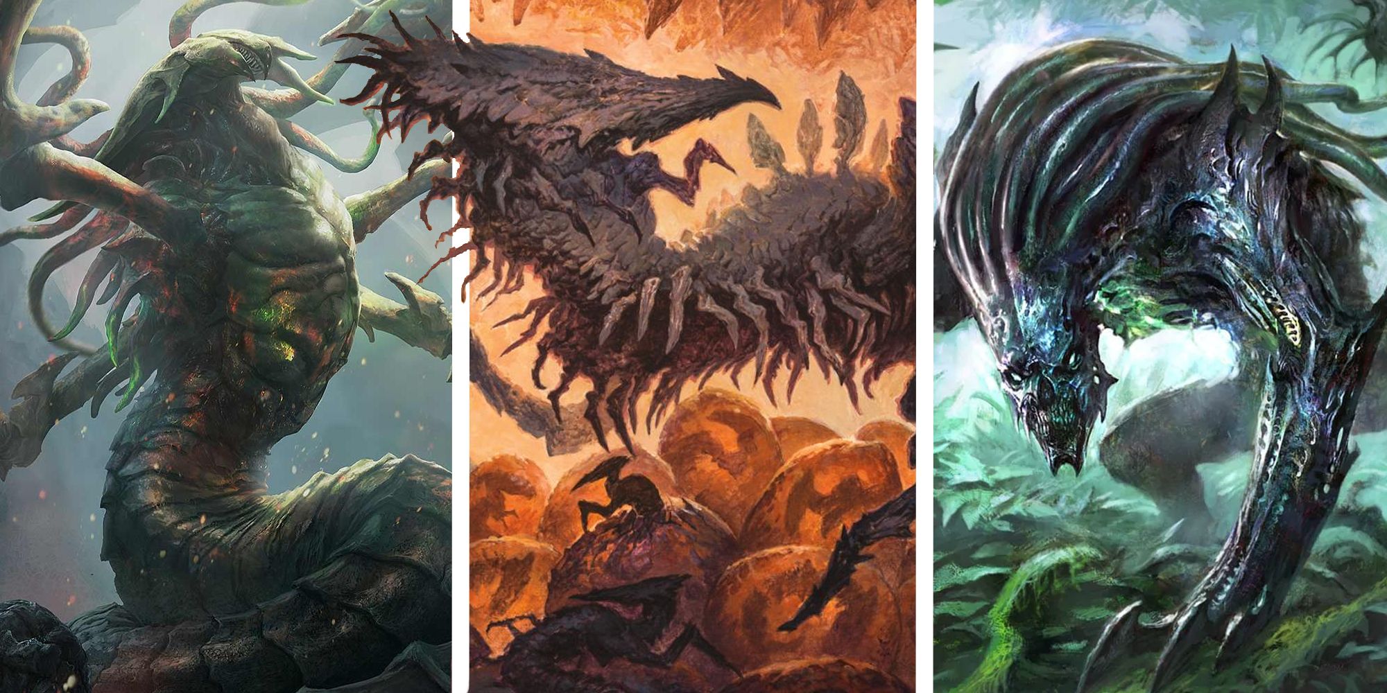 The art for three different Sliver cards in MTG