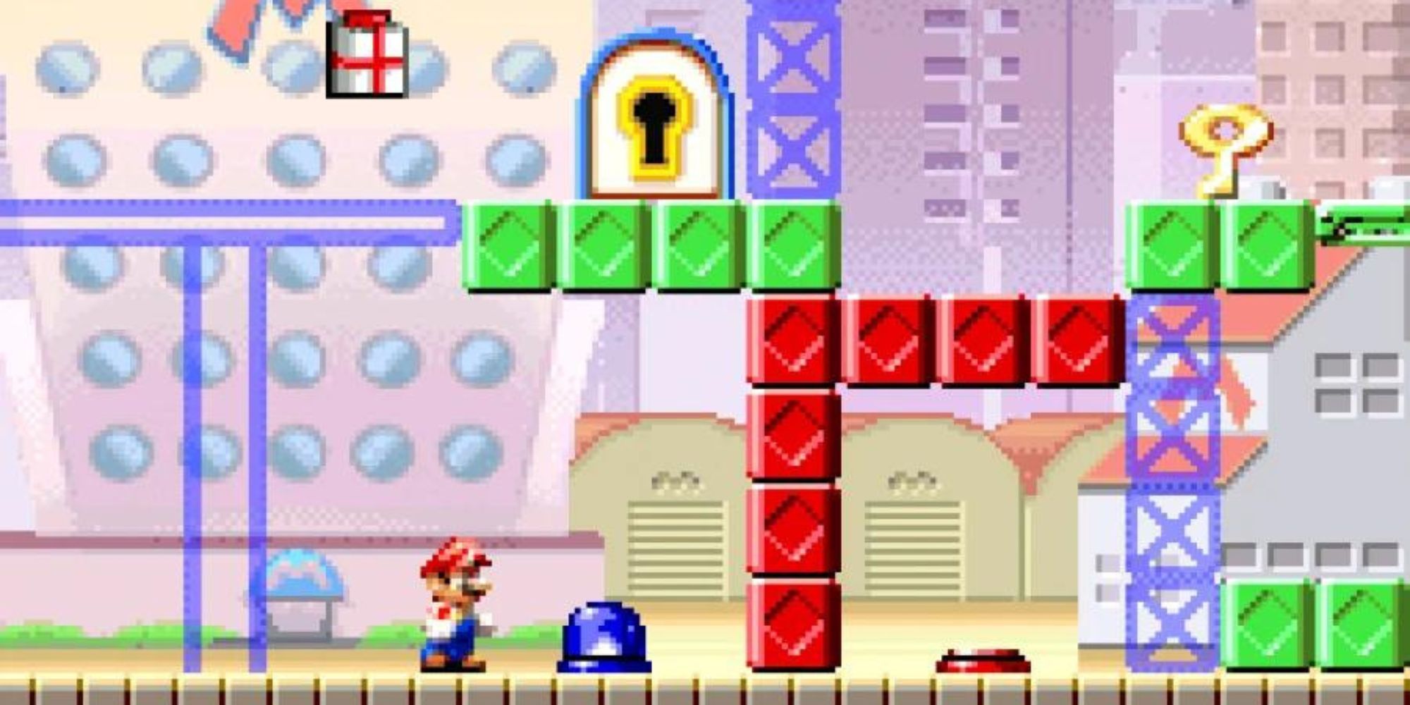 Mario standing next to button in Mario Vs Donkey Kong.