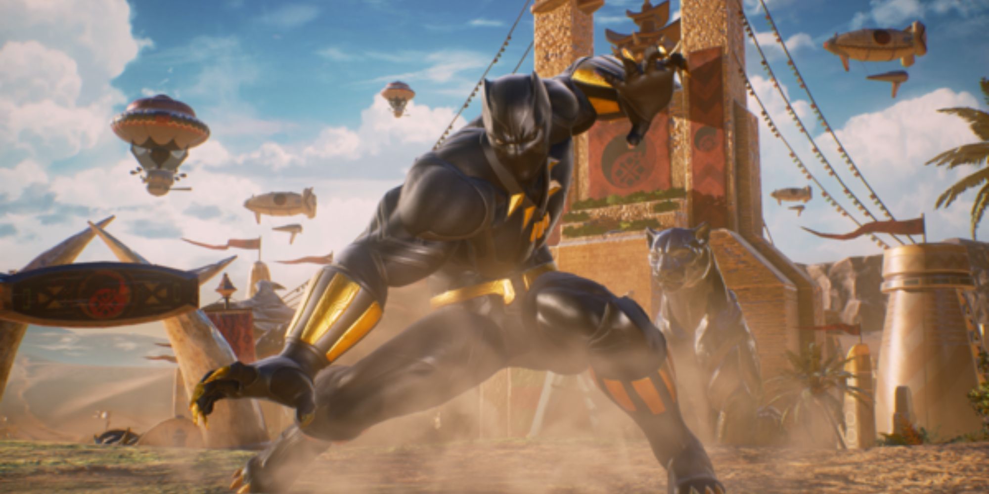 Black Panther prepares to attack by a building in the desert