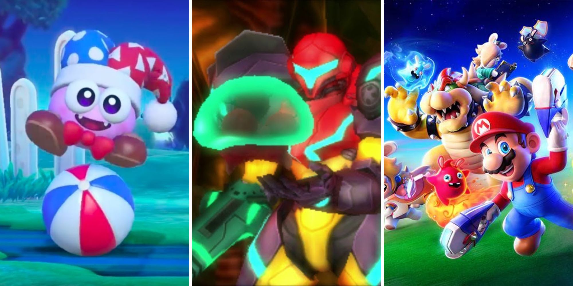 Marx balances on a ball, Samus holds a baby Metroid, Mario and Bowser run together surrounded by Sparks 