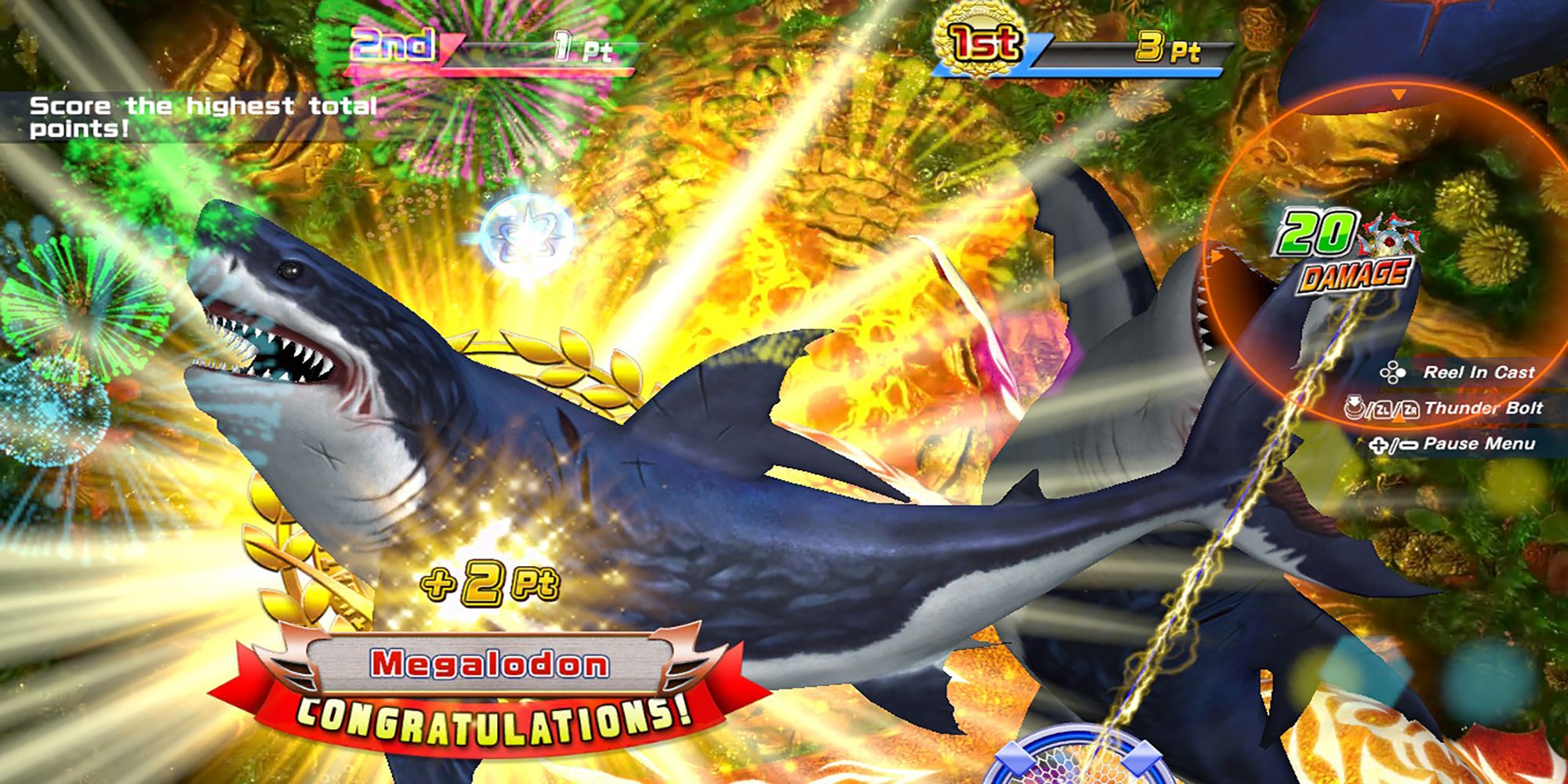 Player One catches a Megalodon during a Big Game Rush competition in Ace Angler: Fishing Spirits.