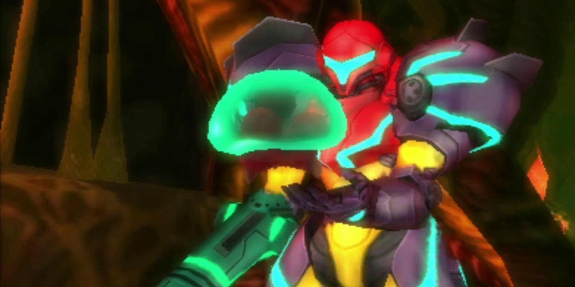 Samus Aran holds a Baby Metroid in a dark cave