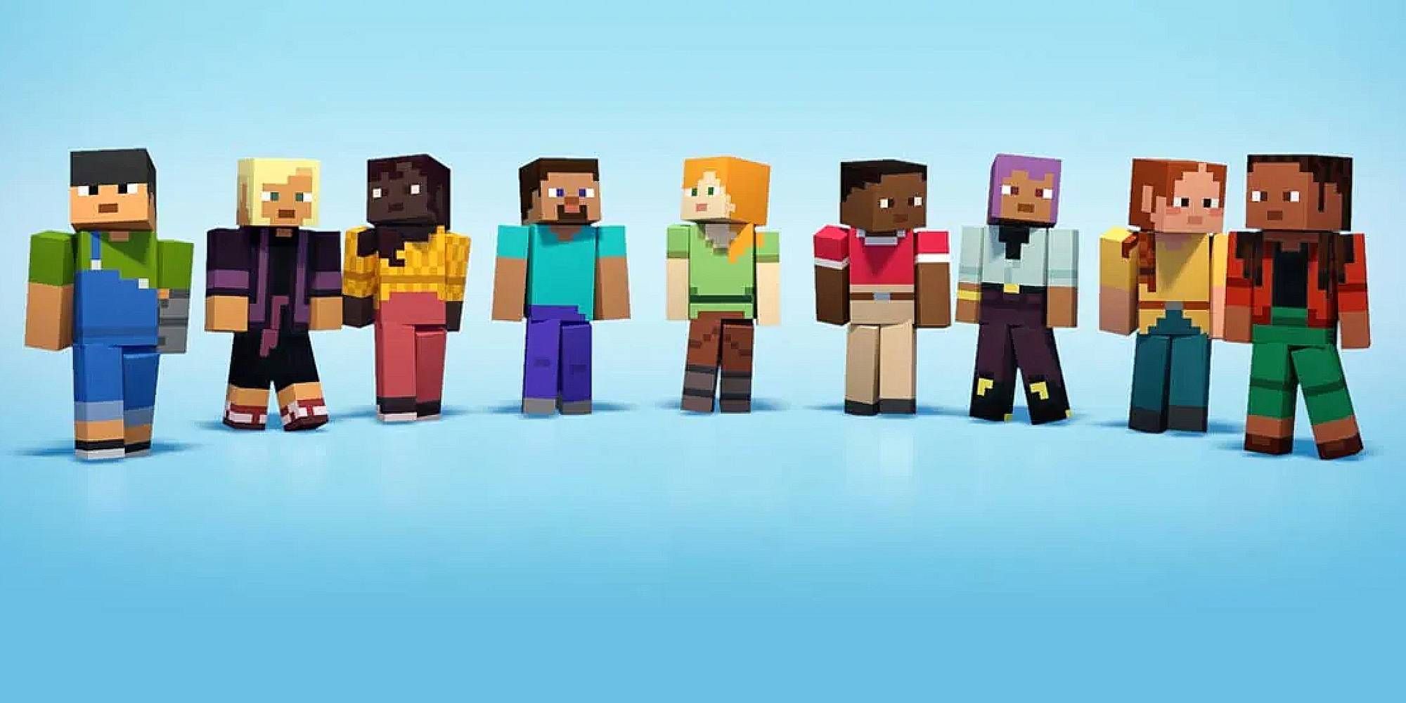 A host of Minecraft characters stand side by side