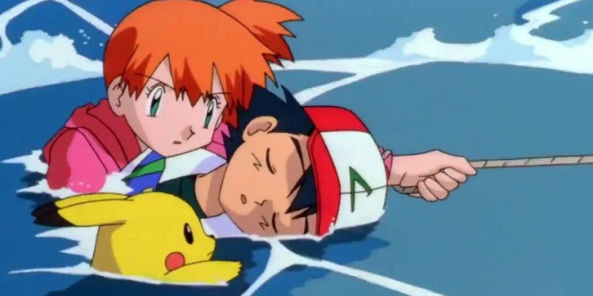 Misty saving Ash, from the Pokemon anime, holding him afloat as he's knocked out with Pikachu