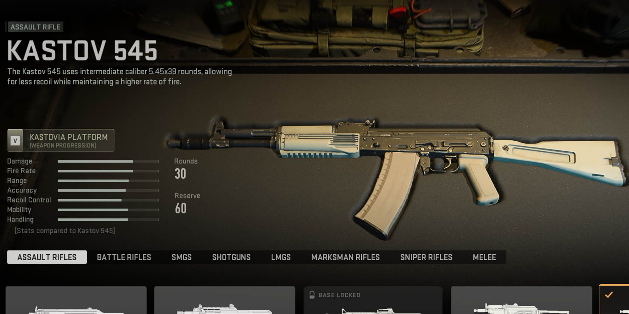 Modern Warfare 2 Kastov 545 on the weapon menu screen