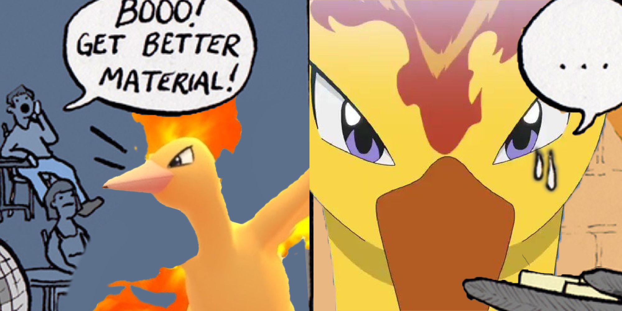 Moltres in the 'boo get better material' meme