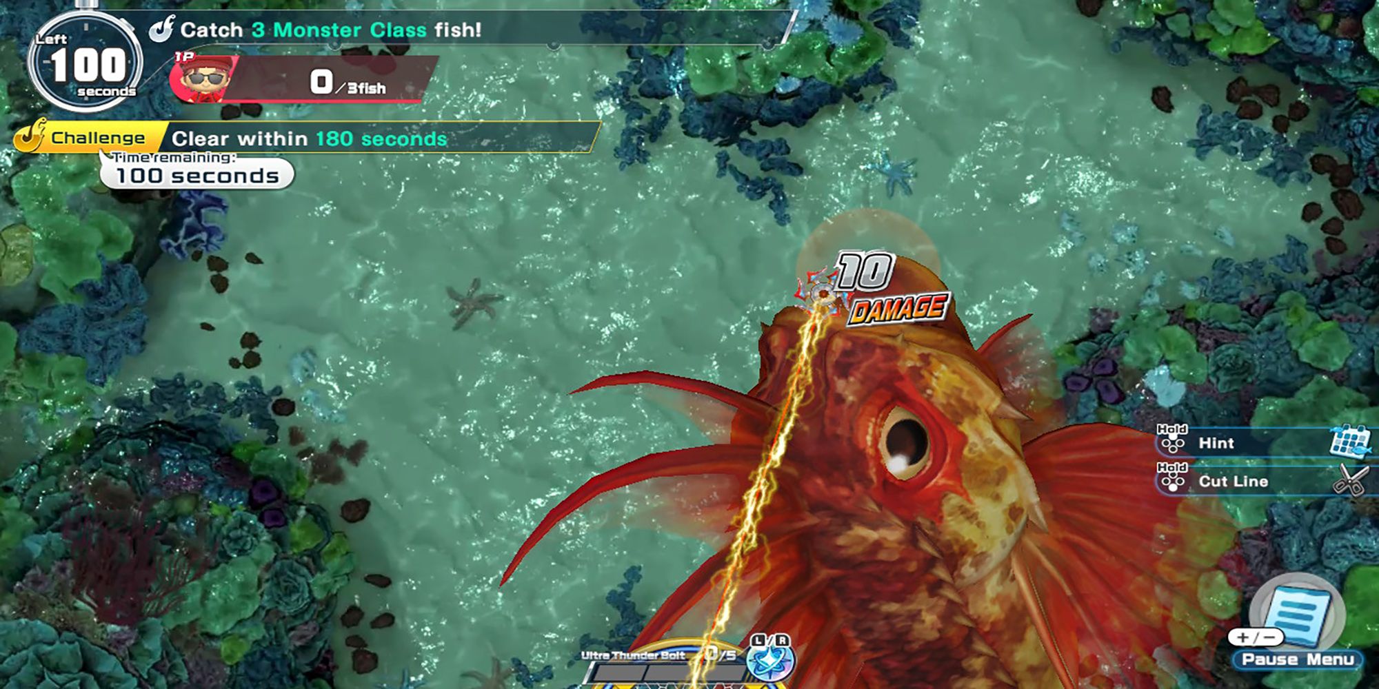 A Monster Class fish gets shocked with a thunderbolt at the Coral Reef in Ace Angler: Fishing Spirits.