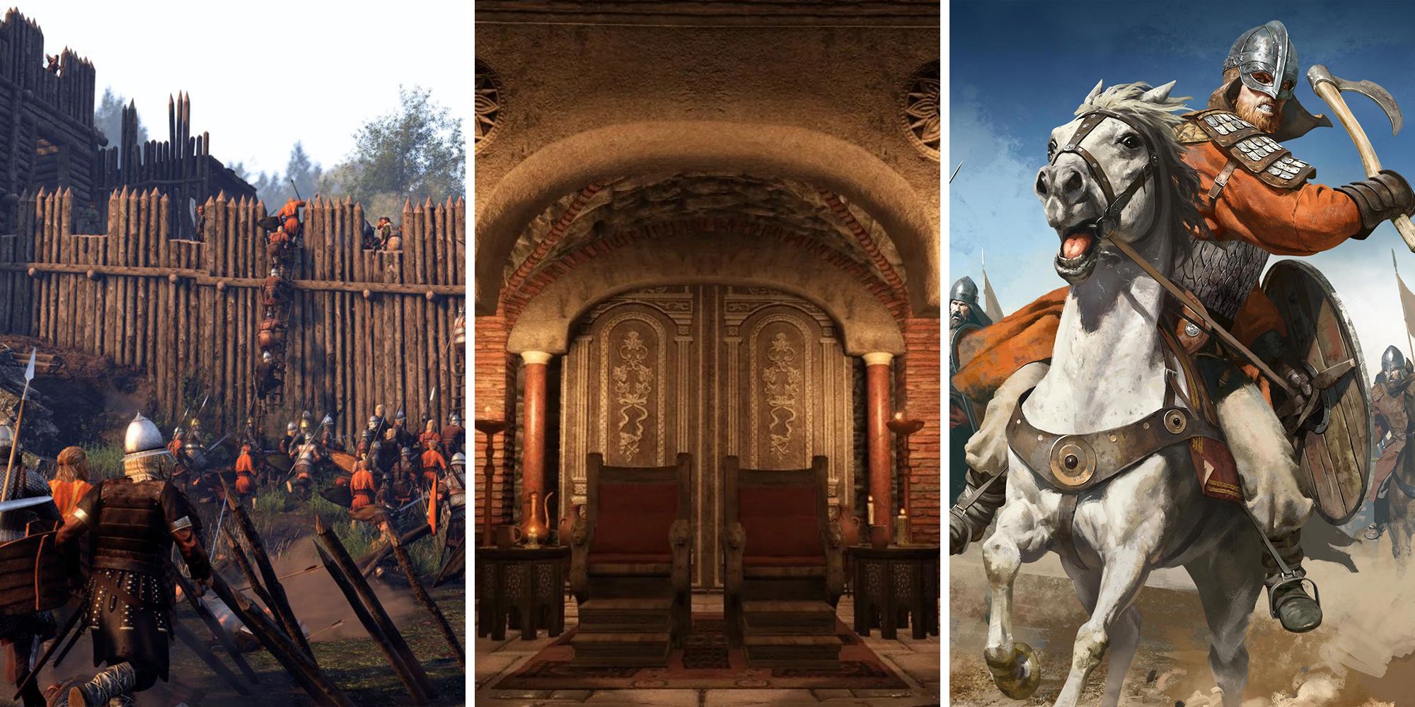 Mount & Blade 2 Bannerlord split image of a siege battle, a throne room, and a horseman