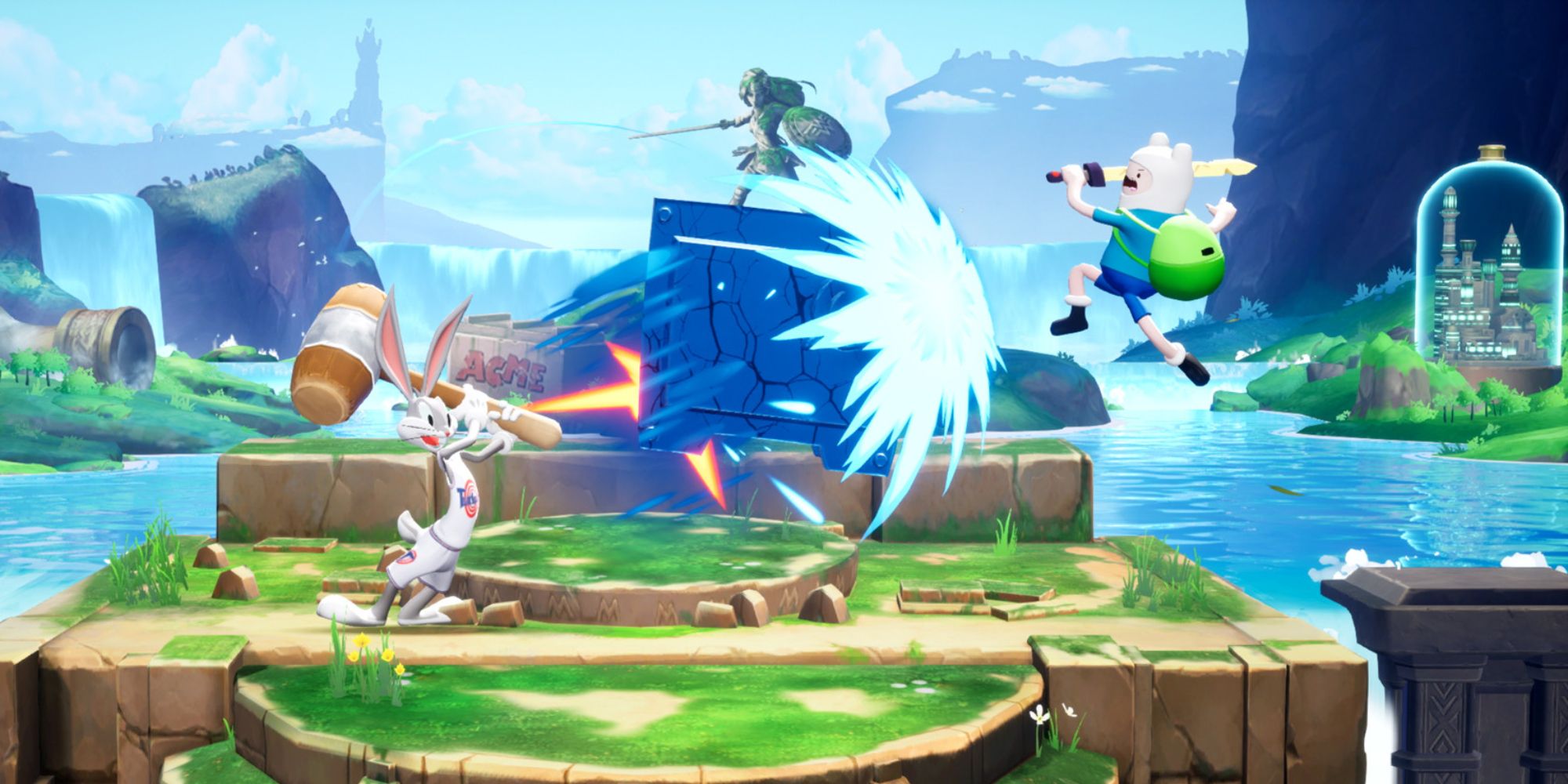 Bugs Bunny and Finn from Adventure Time fighting.