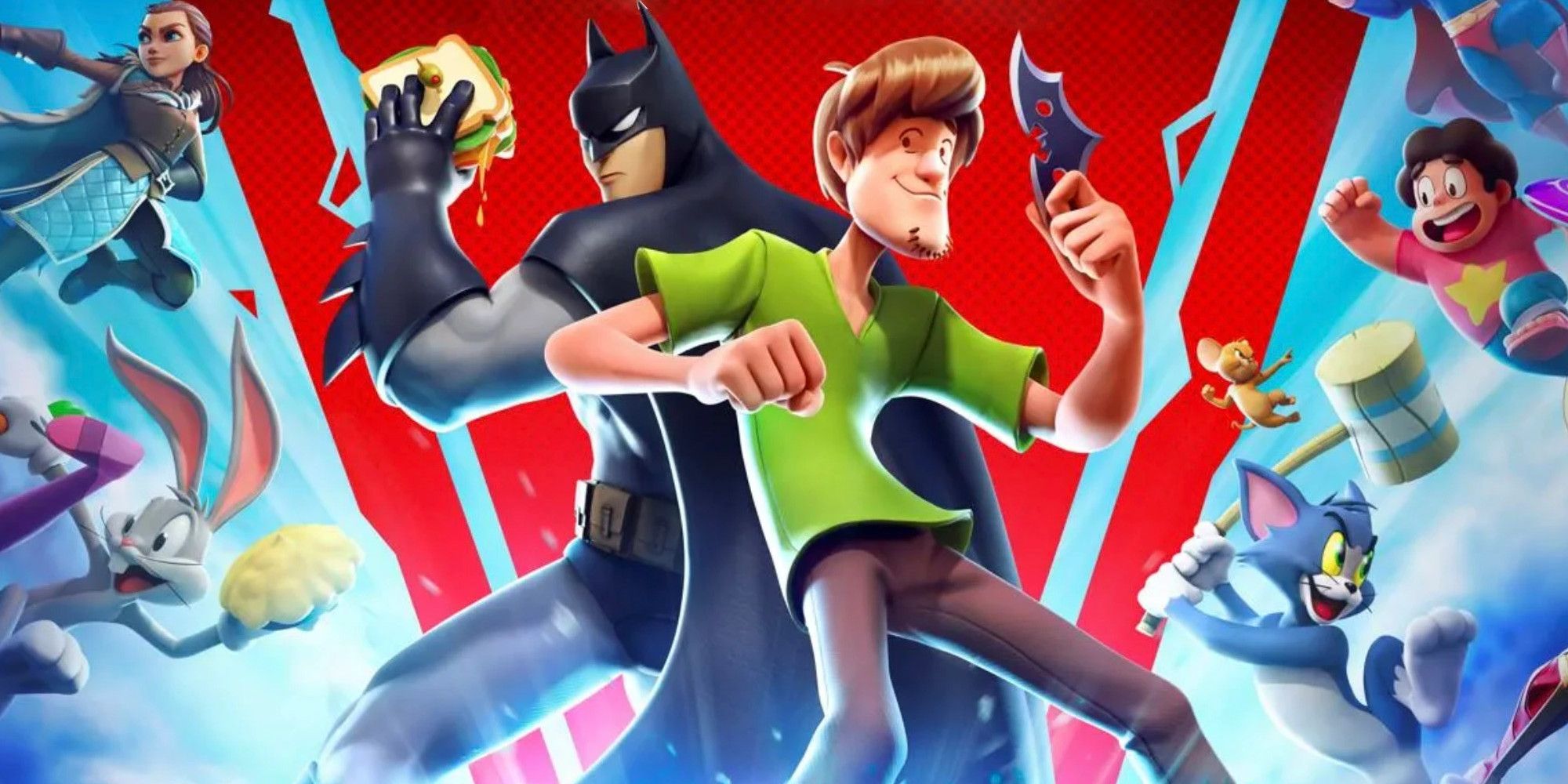 Batman and Shaggy teaming up in Multiversus, alongside Tom, Steven Universe, Bugs Bunny, and Arya Stark