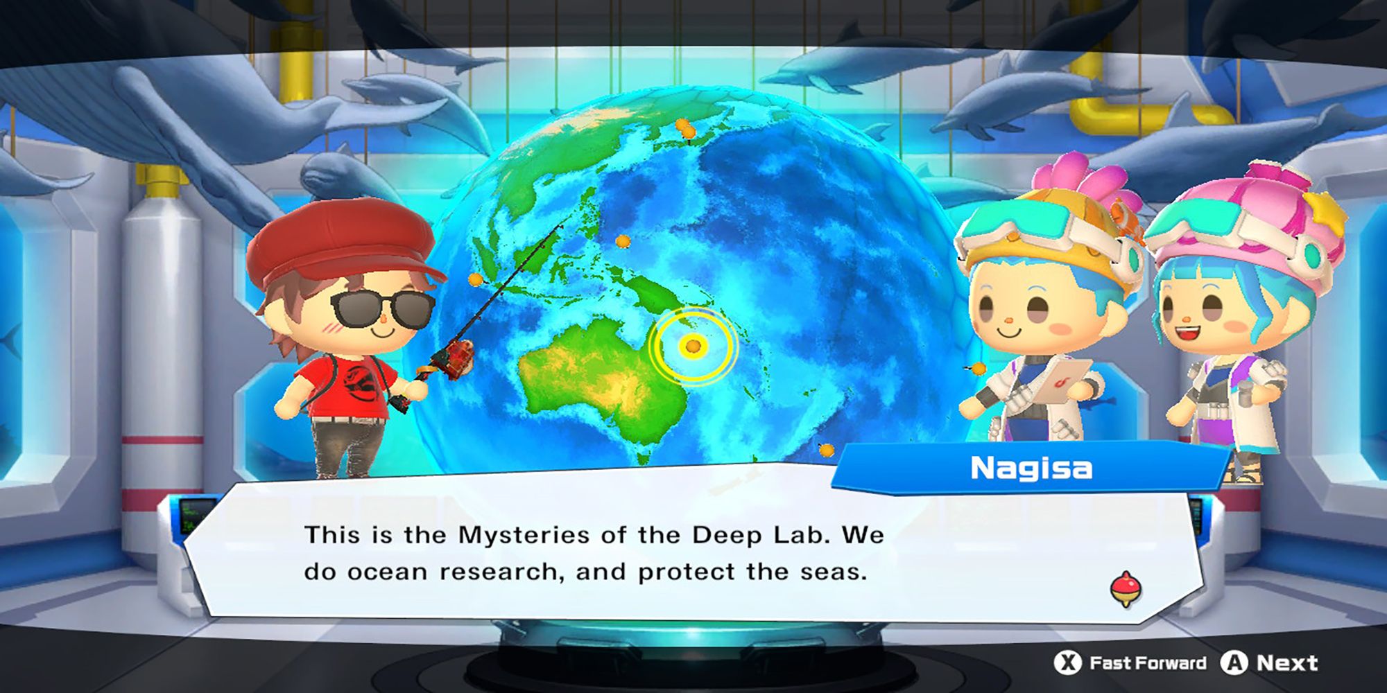 Nagisa explains her and Minato's research to the player at their Lab in Ace Angler: Fishing Spirits.