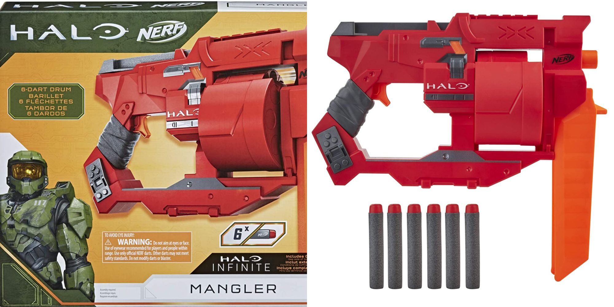 Nerf Halo Mangler toy box and blaster split image