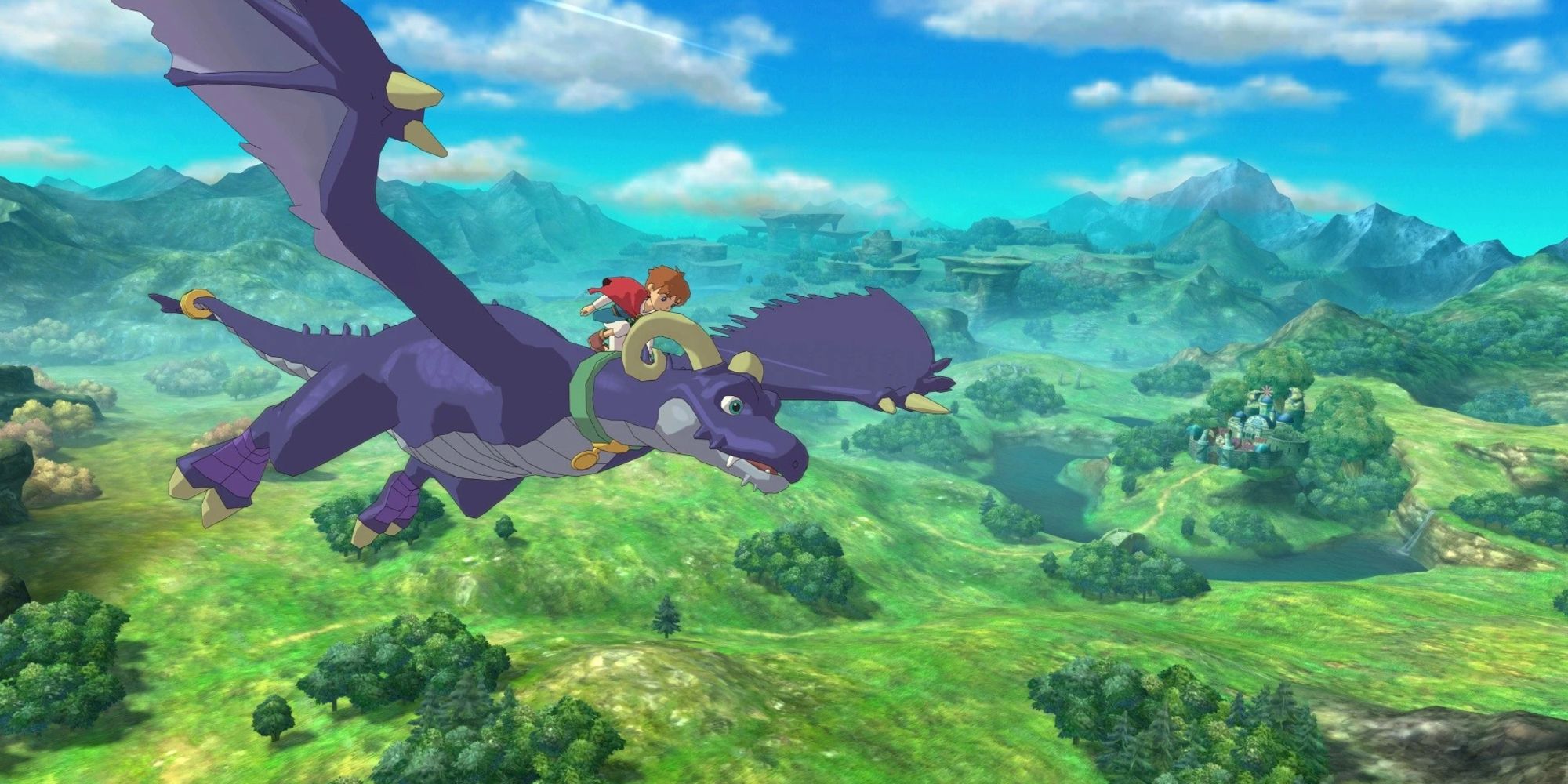 Oliver riding on the back of a dragon creature in Ni No Kuni Wrath of the White Witch