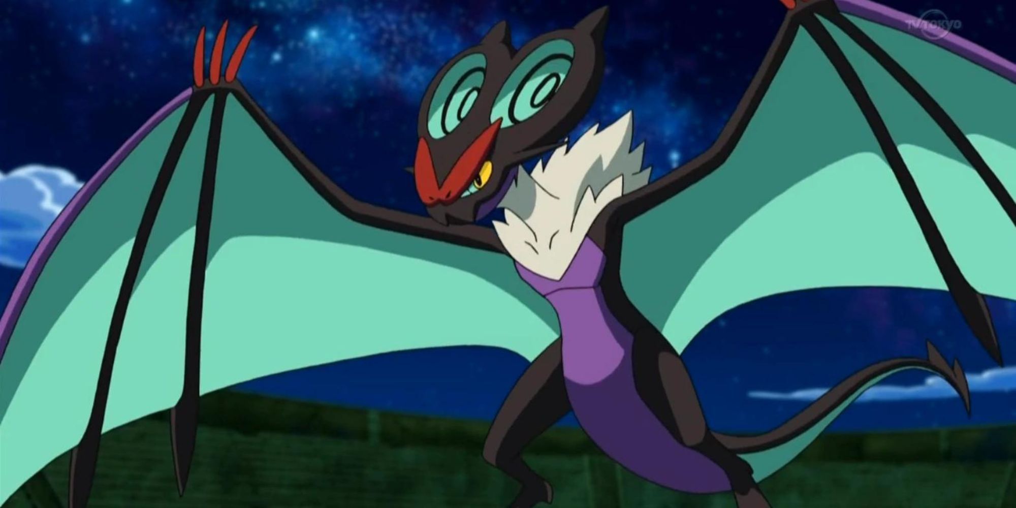 Noivern extending its wings in the Pokemon Anime.