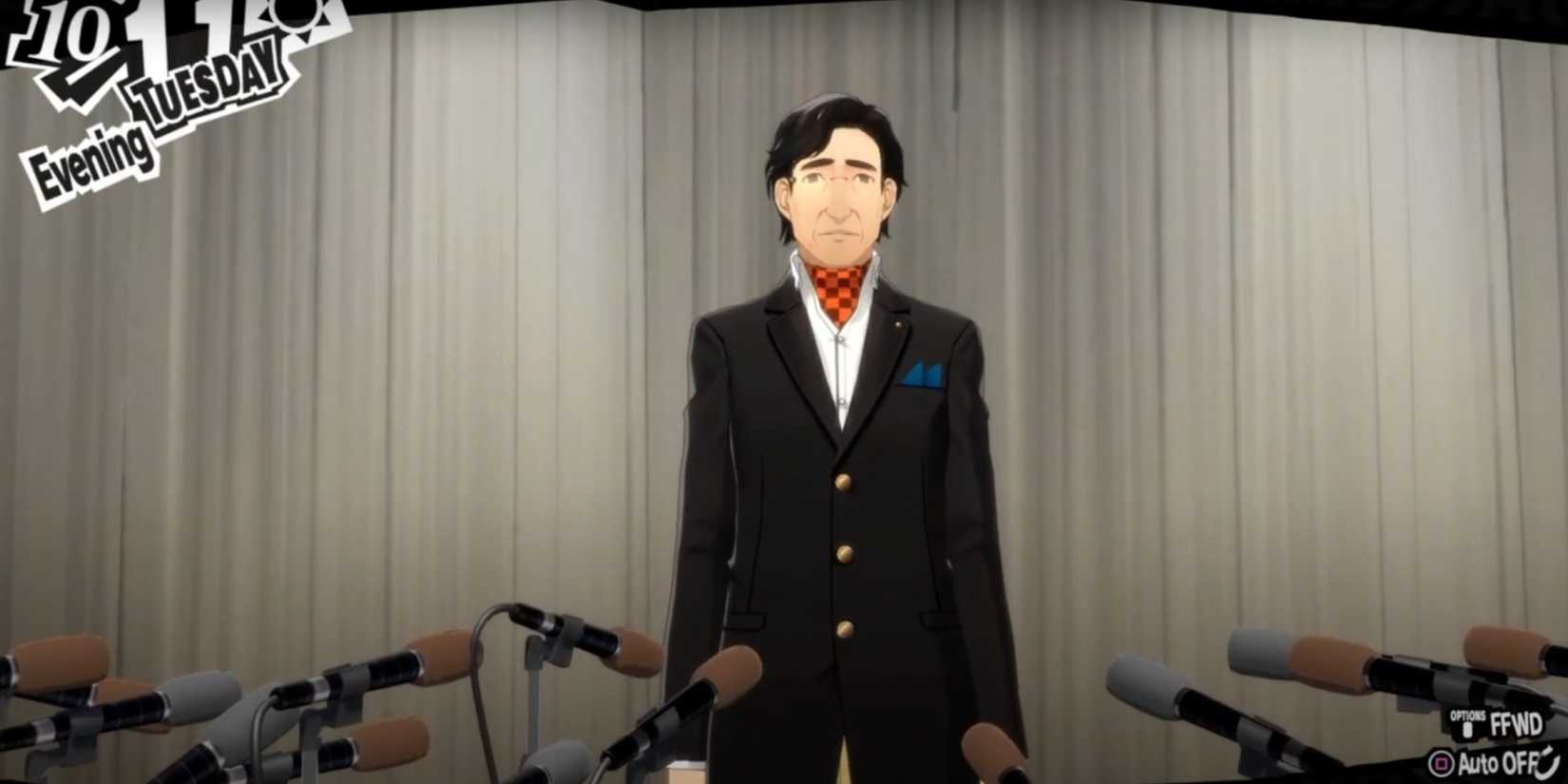 Okumura addresses the press regarding his corrupt leadership in Persona 5 Royal