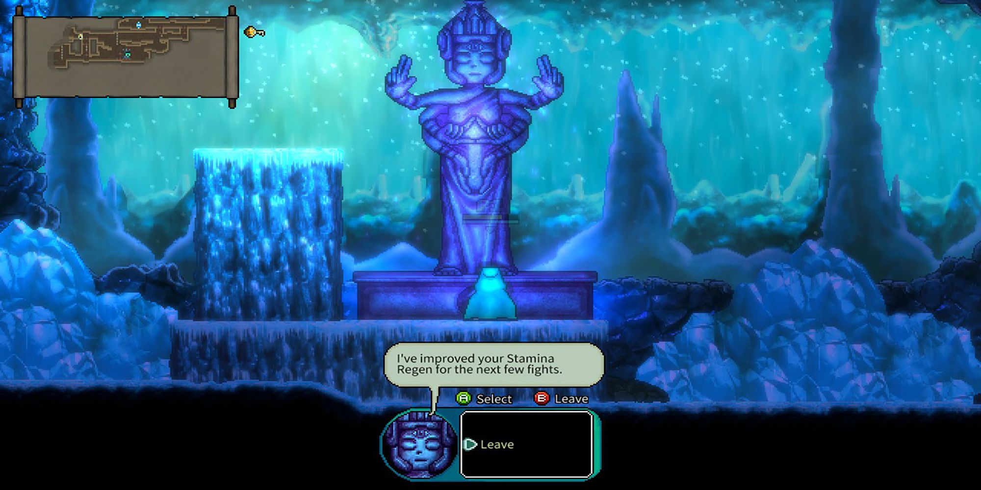 The Rogue stands in front of a statue of the Order deity inside the Ice Caves during a run of Bravery And Greed.