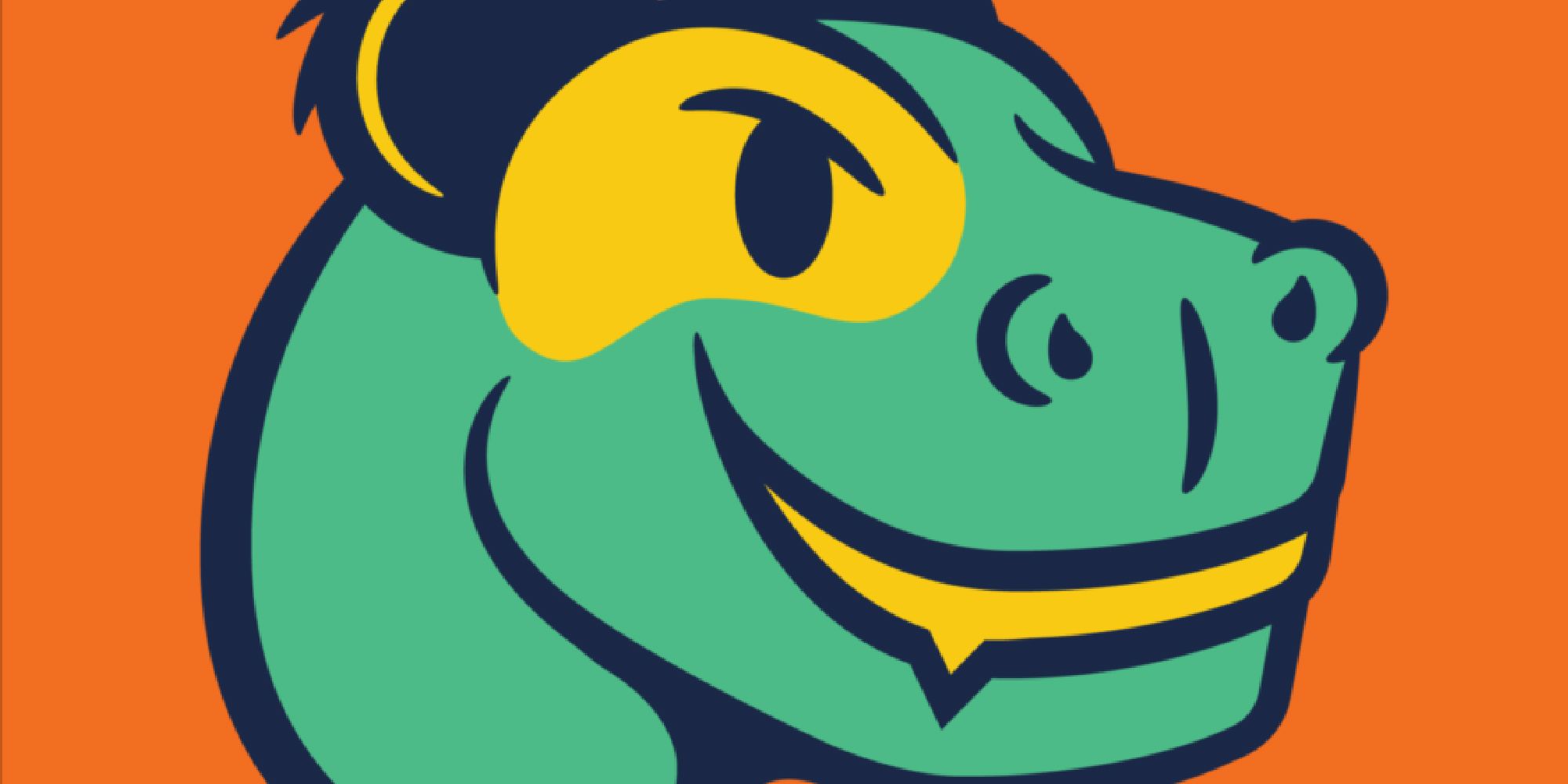Pandasaurus logo, a giant green cartoon dragon head, on an orange background