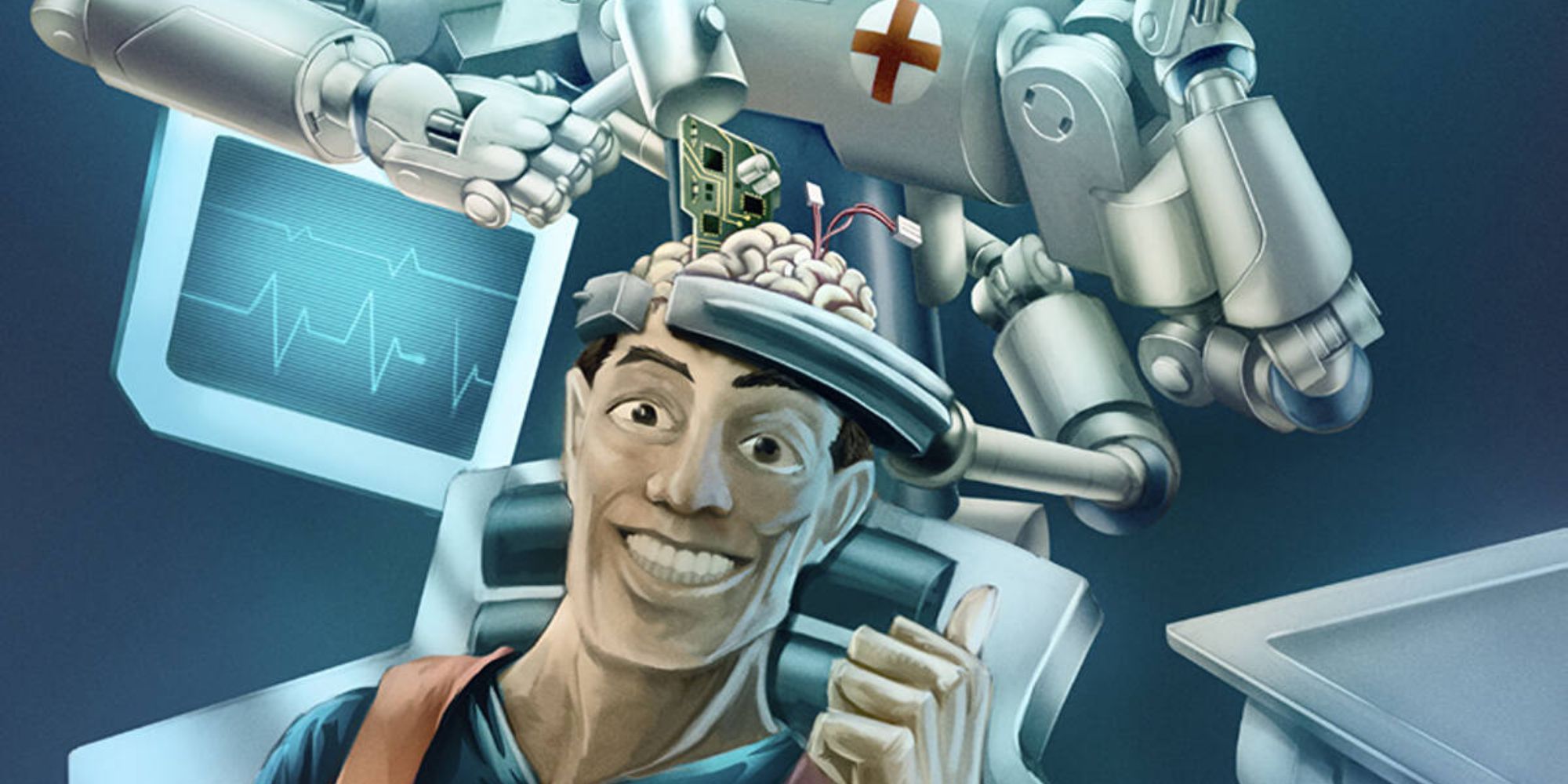 Paranoia Art Man Smiling While Robot Does Brain Surgery On Him