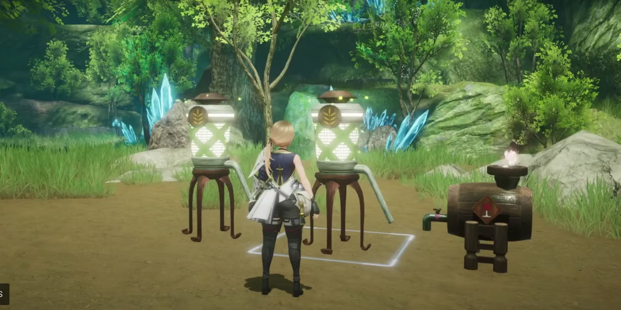 Start of game character standing next to glowing jars
