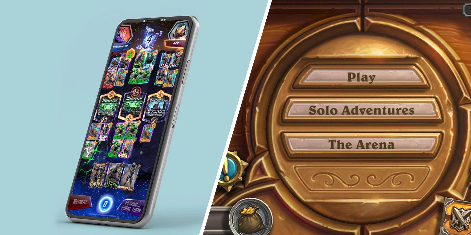 Marvel Snap and Hearthstone Comparison, Platform, Marvel Snap on mobile and Hearthstone main menu