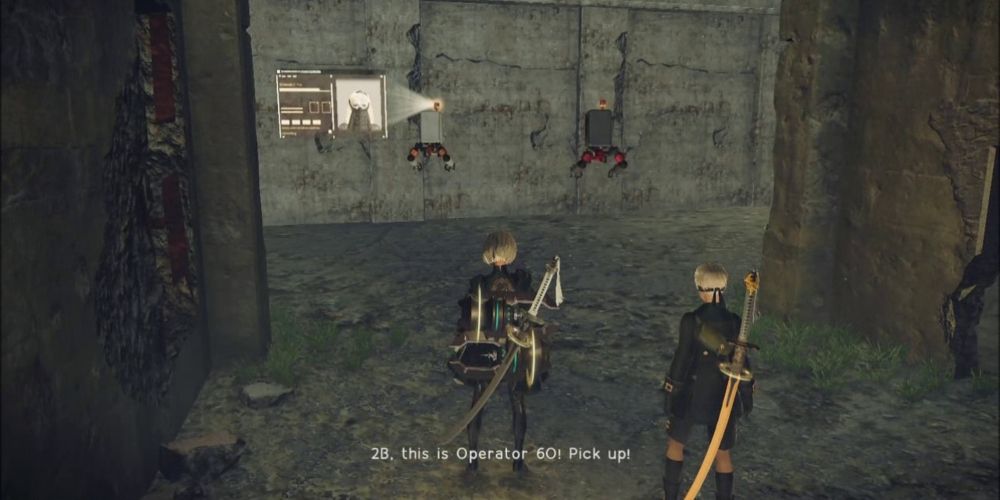 Pod 042 projects Operator 6O's message to 2B and 9S in Nier Automata