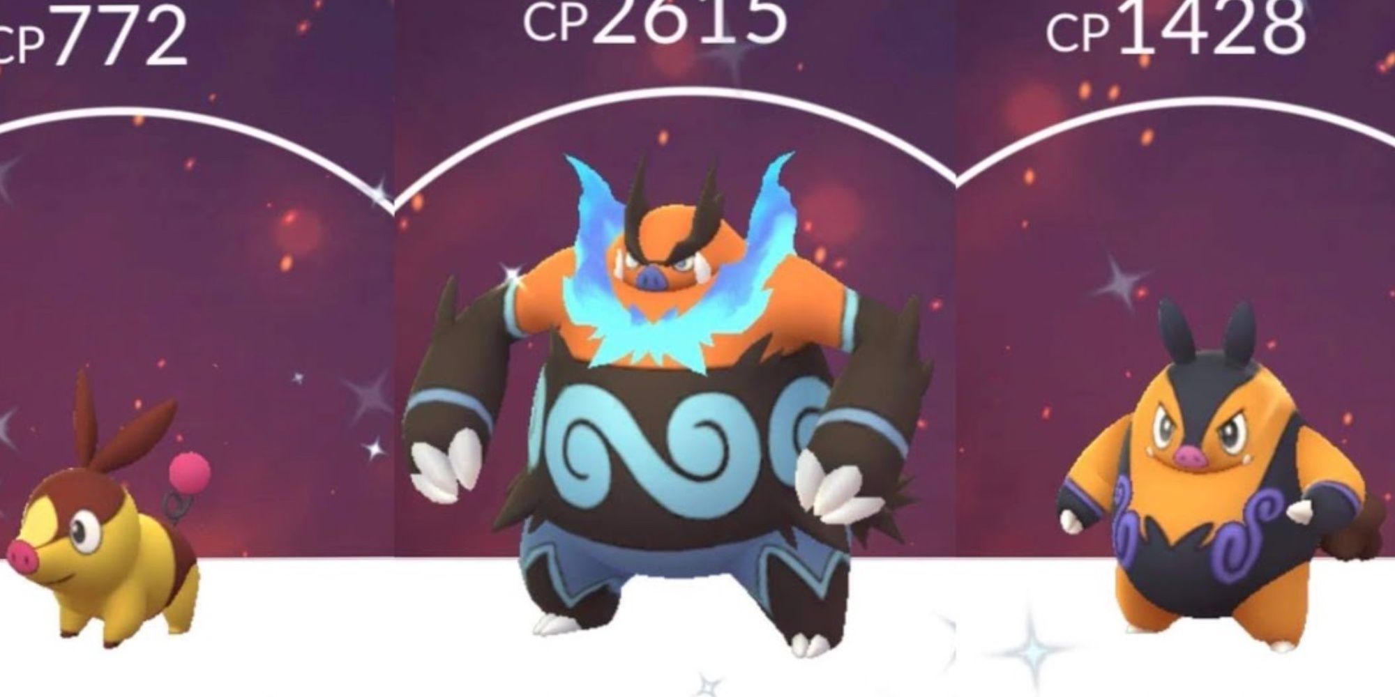 Pokemon Go Best Shiny. Emboar, Pignite and Tepig standing at attention.