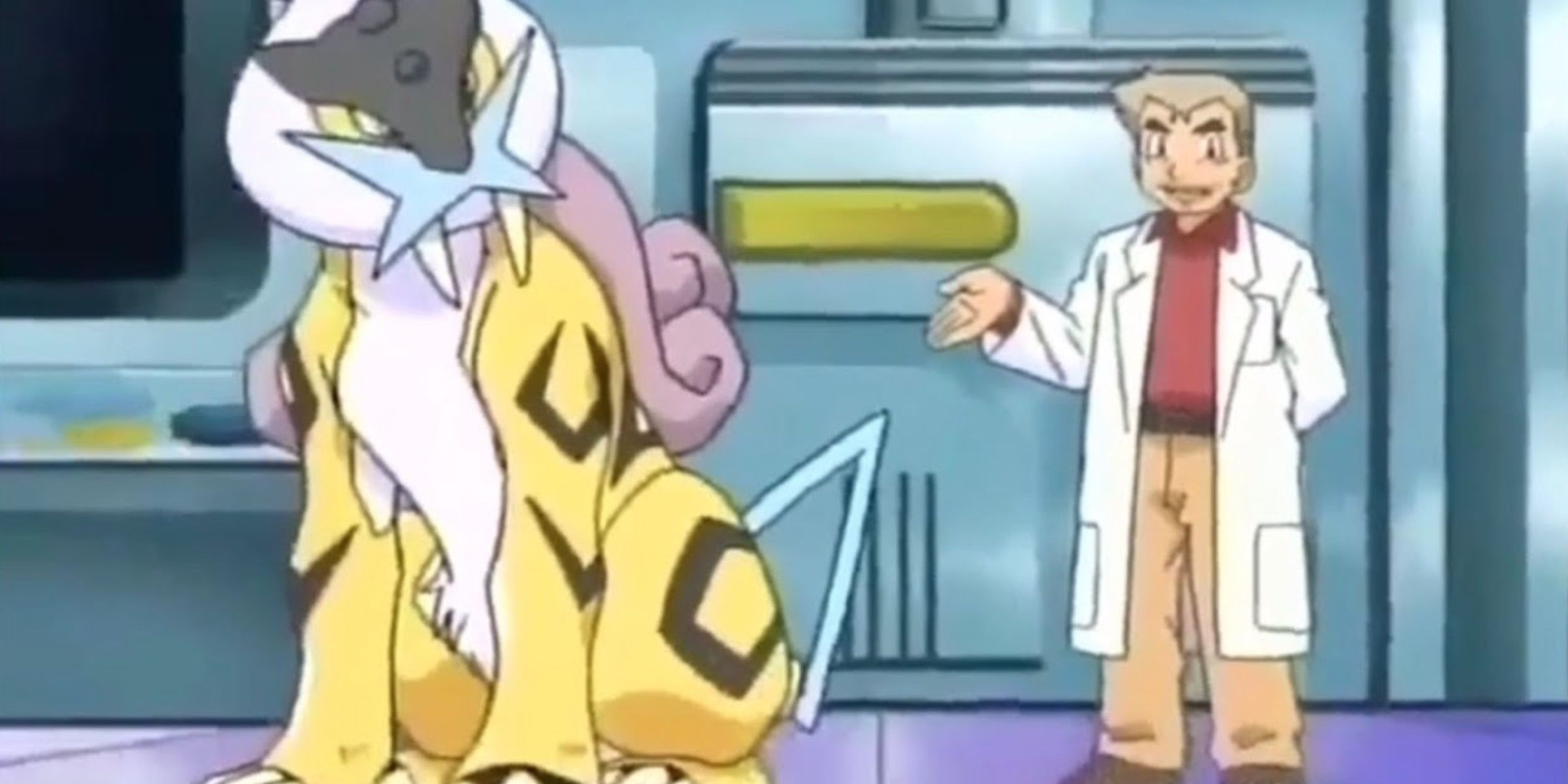 Pokemon Professor Oak Trivia: Key To Legendaries. Oak showing off Raikou.
