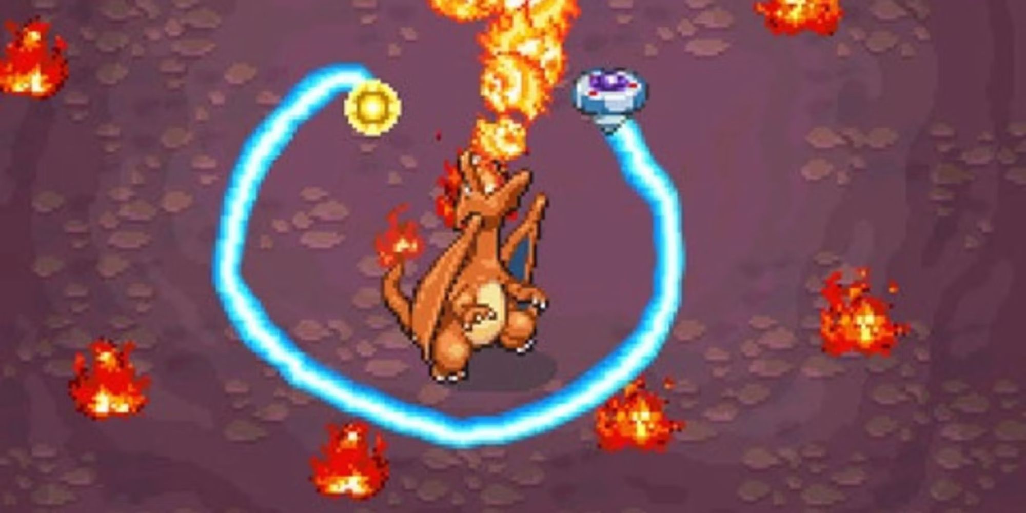 Charizard breathing fire into the air while a player attempt to loop around them.