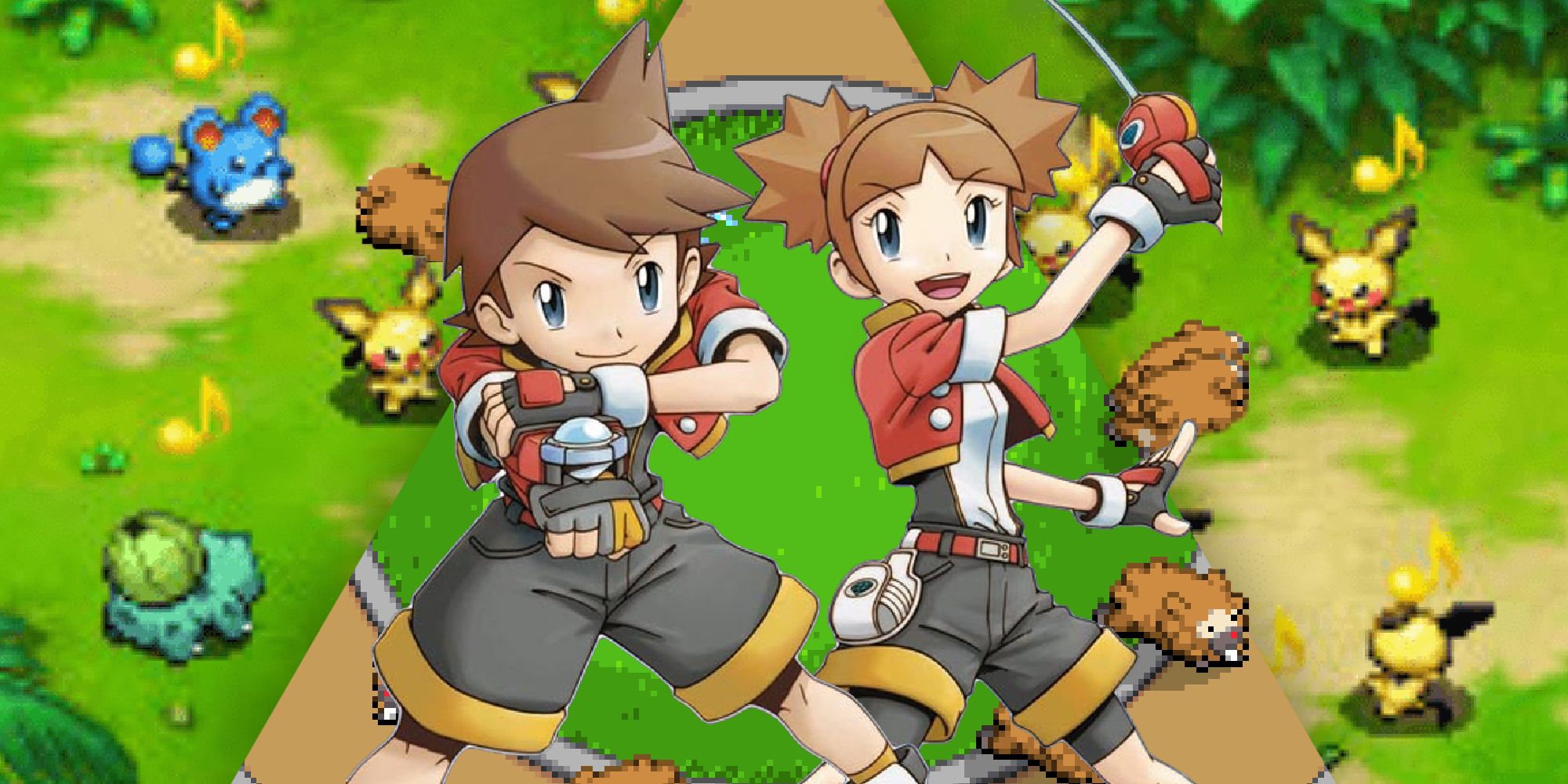 Two Pokemon Rangers looking at the camera with lots of different Pokemon in the background