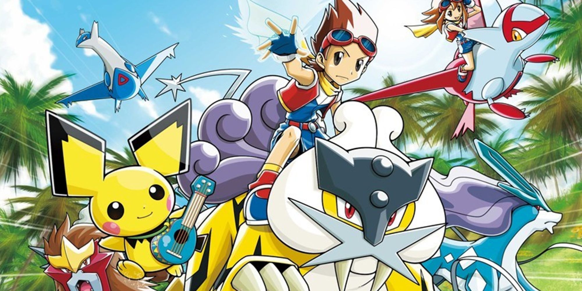 A Pokemon Ranger riding a Raikou with Entei, Latios, Latias, Suicune, and Pichu surrounding him 