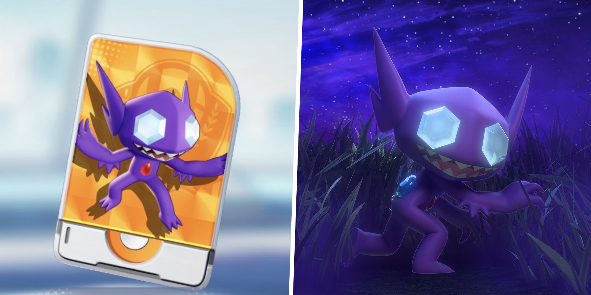 Sableye Unite License from Pokemon Unite split with an image of Sableye in tall grass