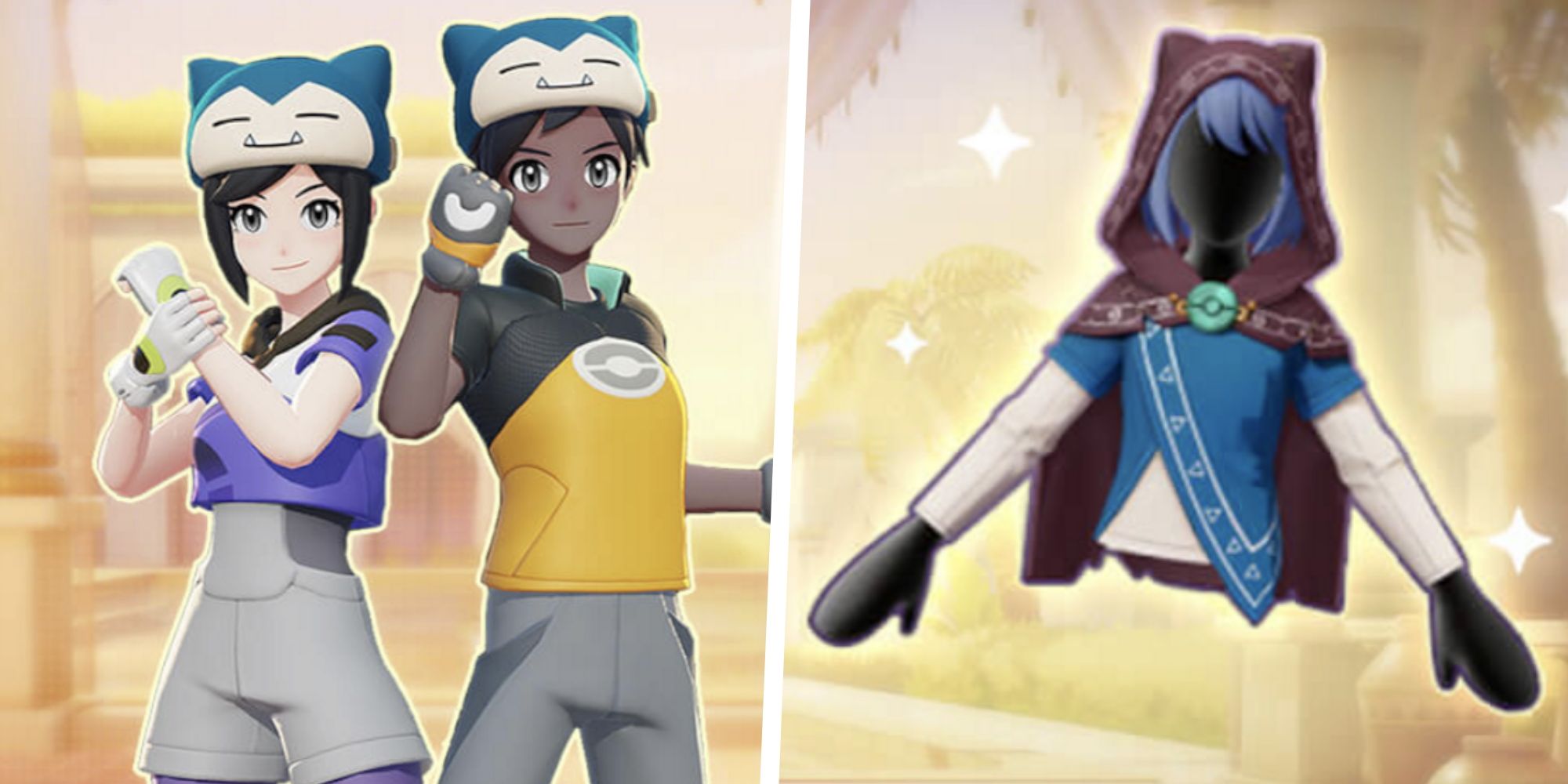 Two Pokemon Unite avatars wearing Snorlax hats split with an image of the Sacred Cloak