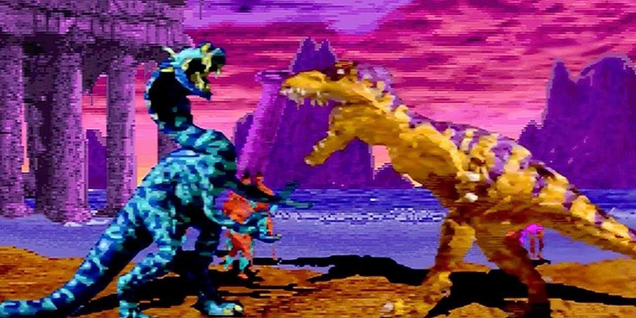 Primal Rage gameplay two dinos fighting