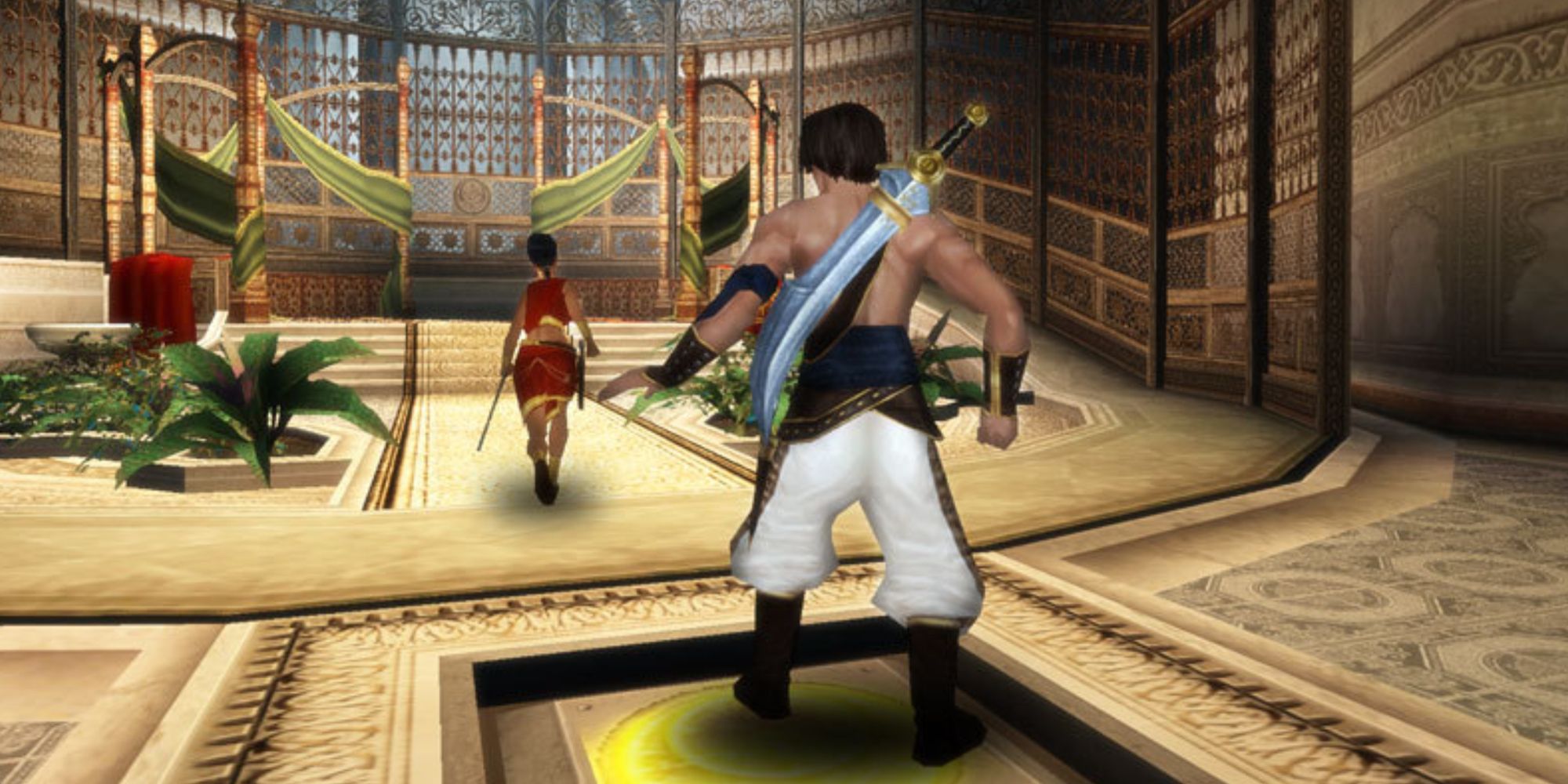 The Prince standing on a pressure plate to lower a lift for him and Farah to progress in Prince of Persia: The Sands of Time
