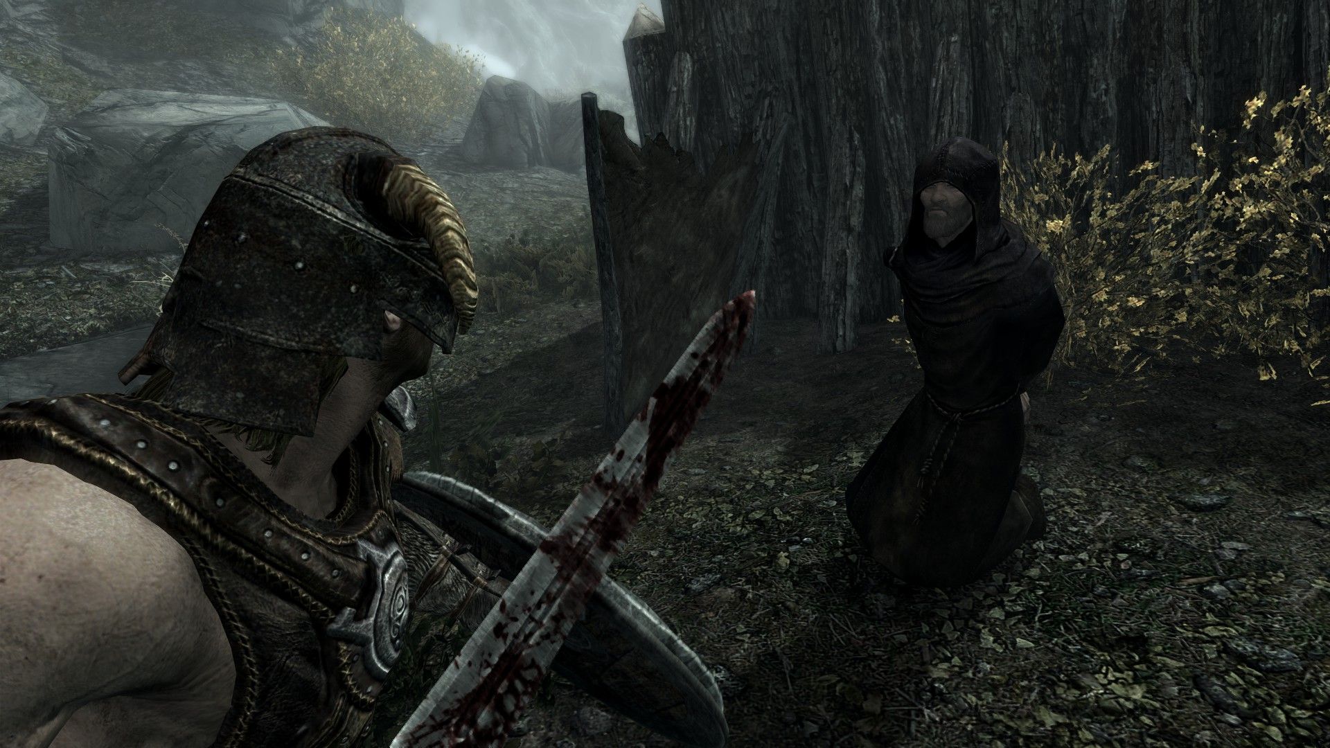 An adventurer brandishing a blood-drenched sword looks at a robed monk on his knees outside, by a fence. 